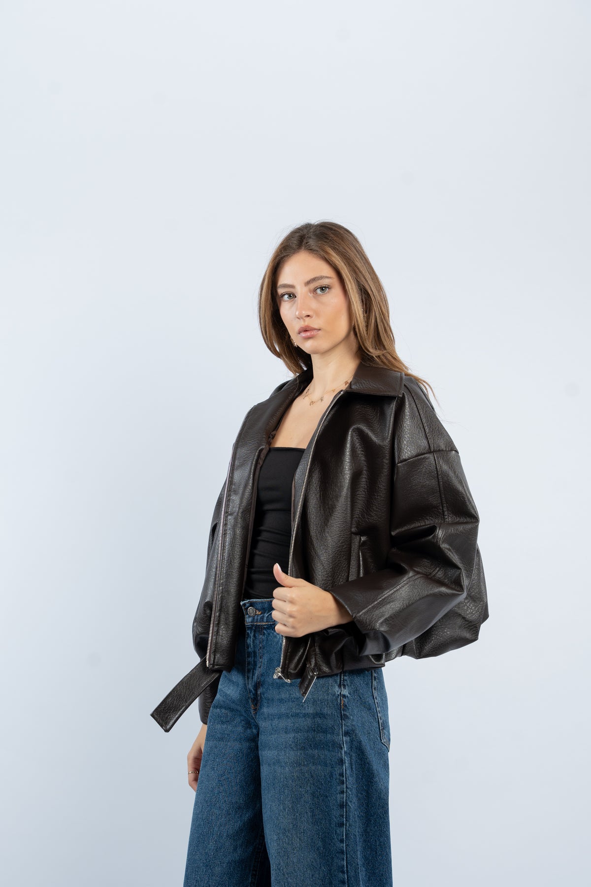 Faux leather belted jacket