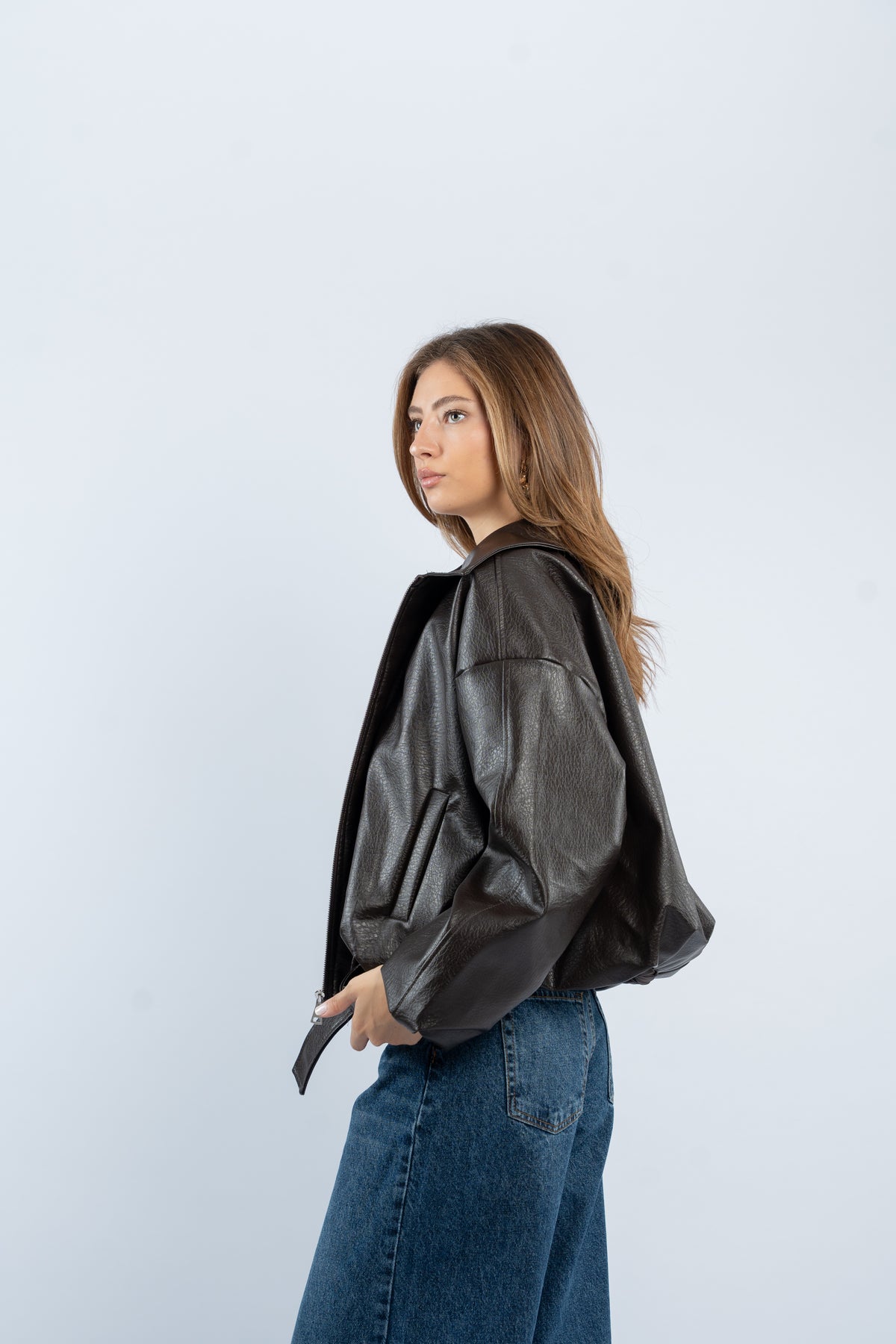 Faux leather belted jacket