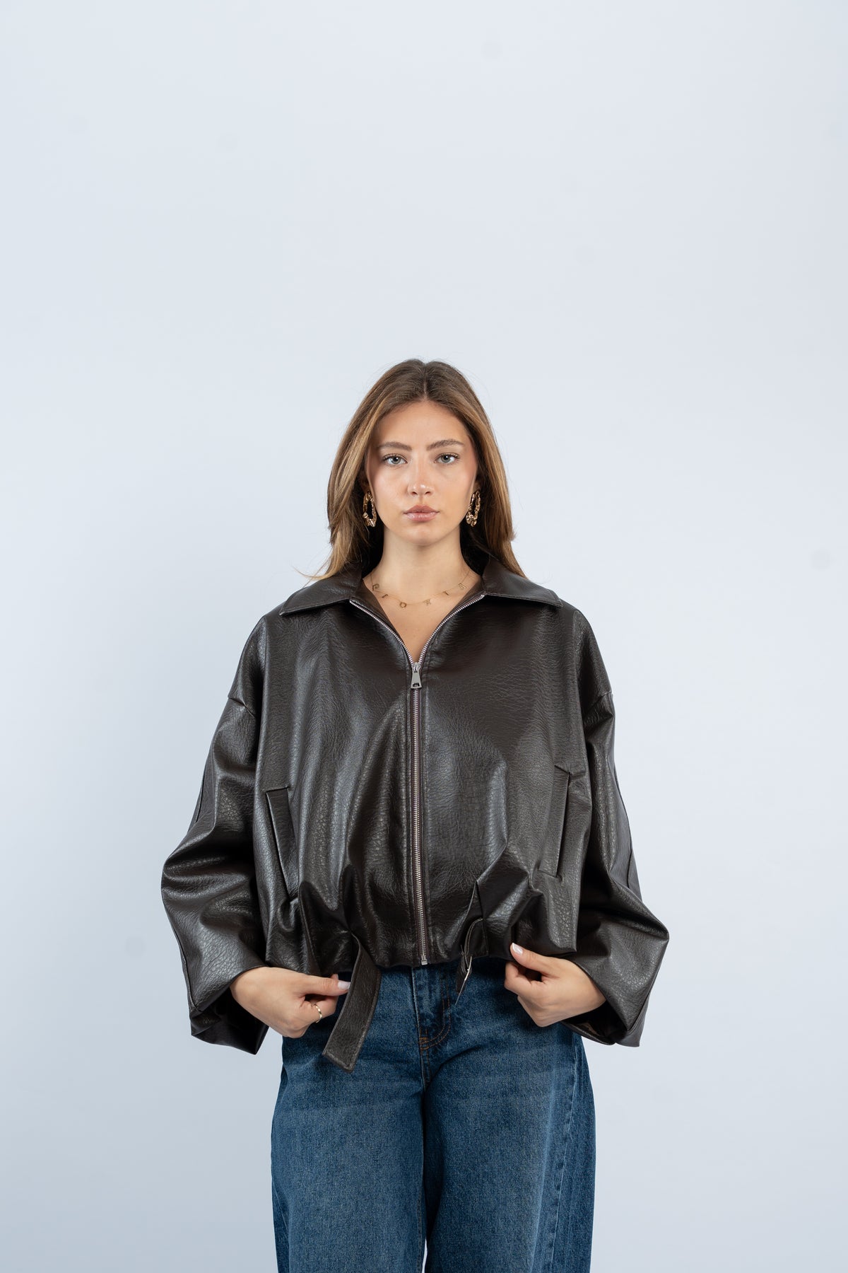 Faux leather belted jacket