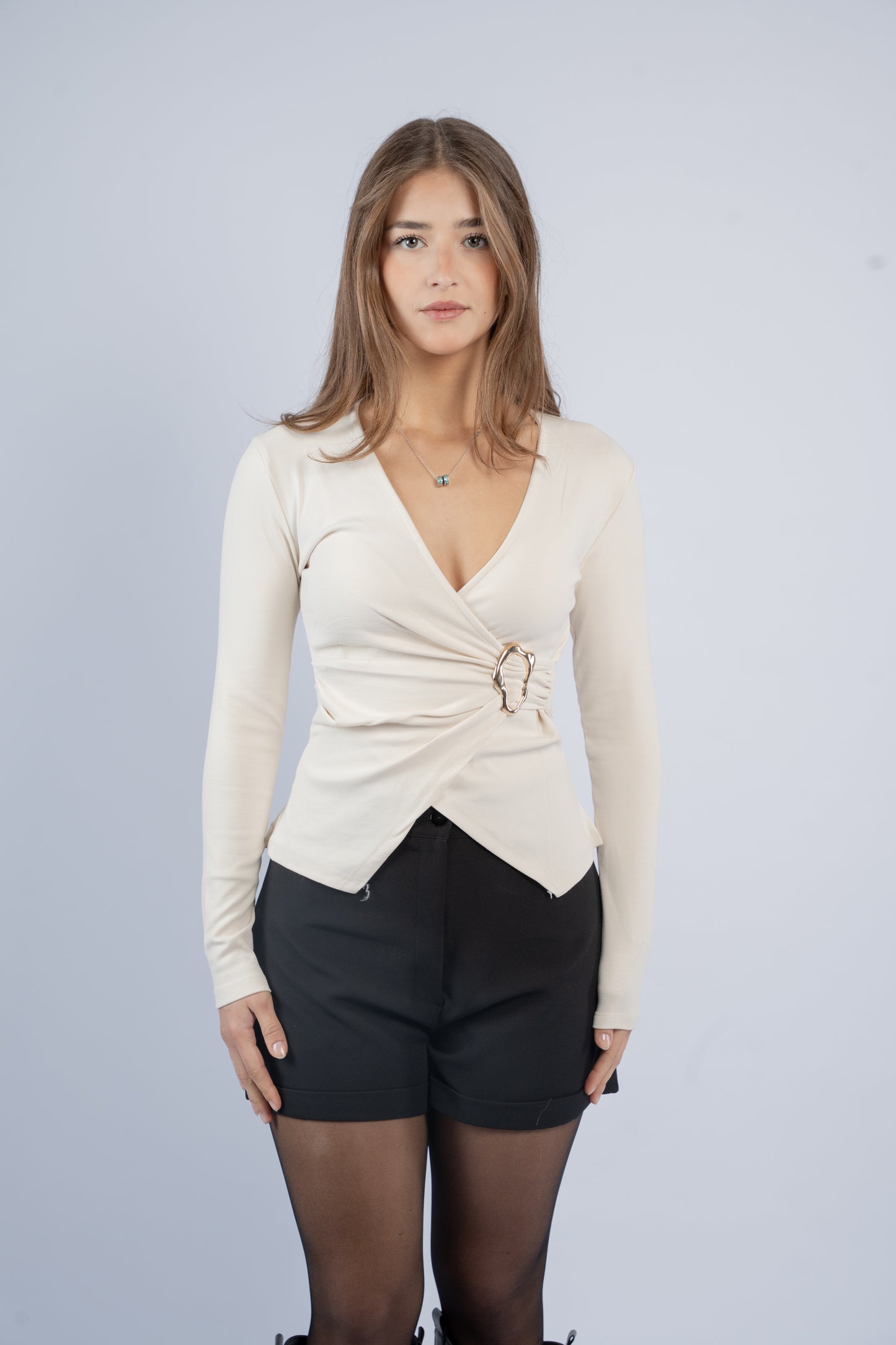 Cream buckle waist top