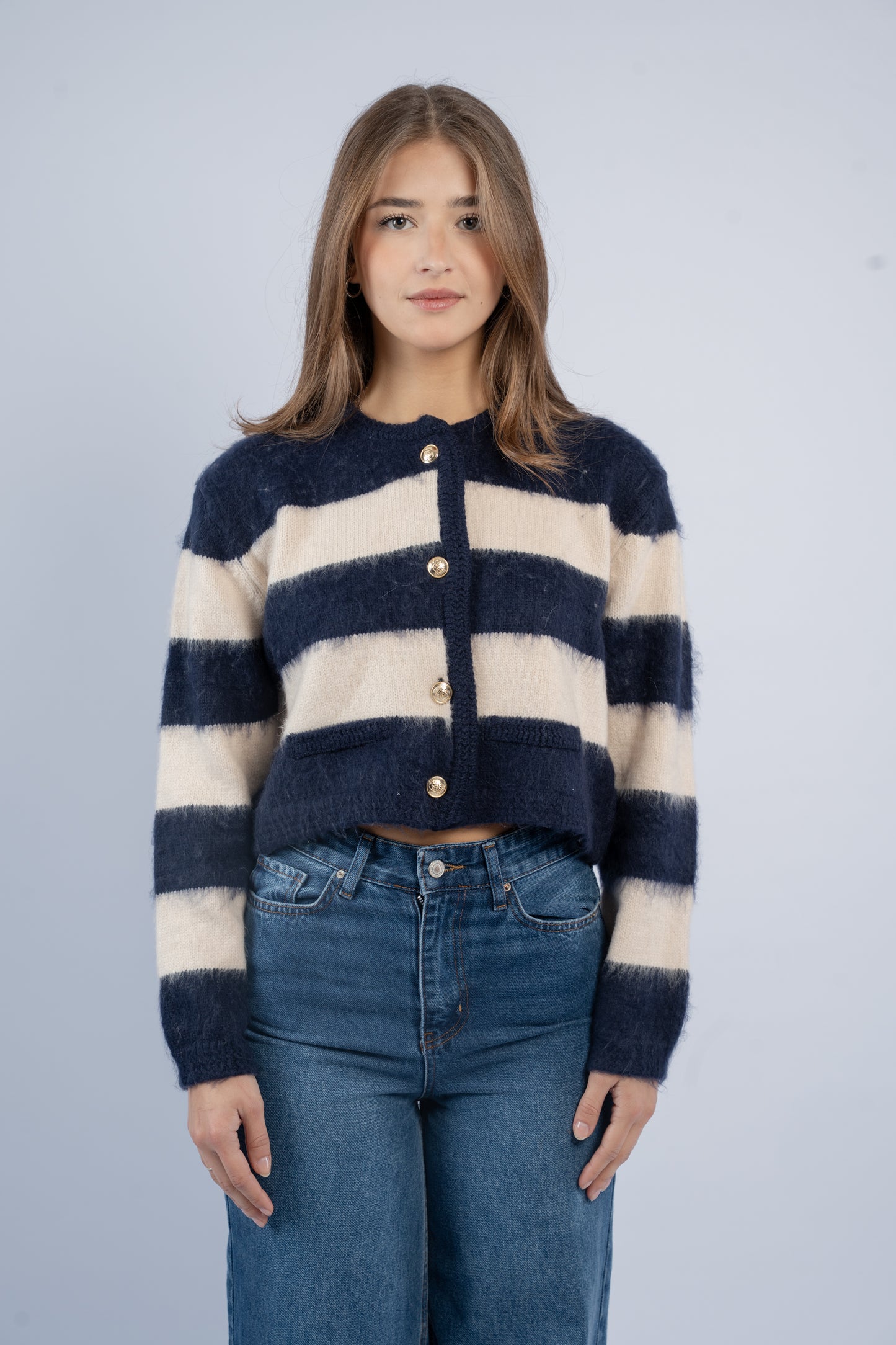 Navy block stripe cardigan