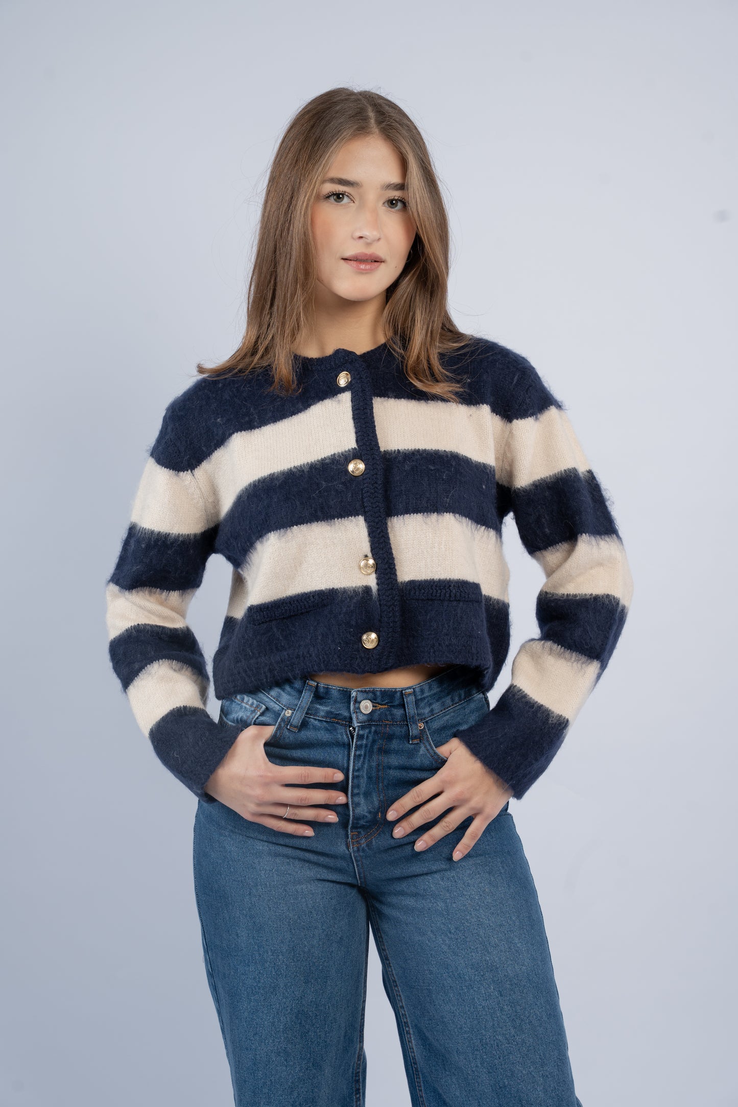 Navy block stripe cardigan