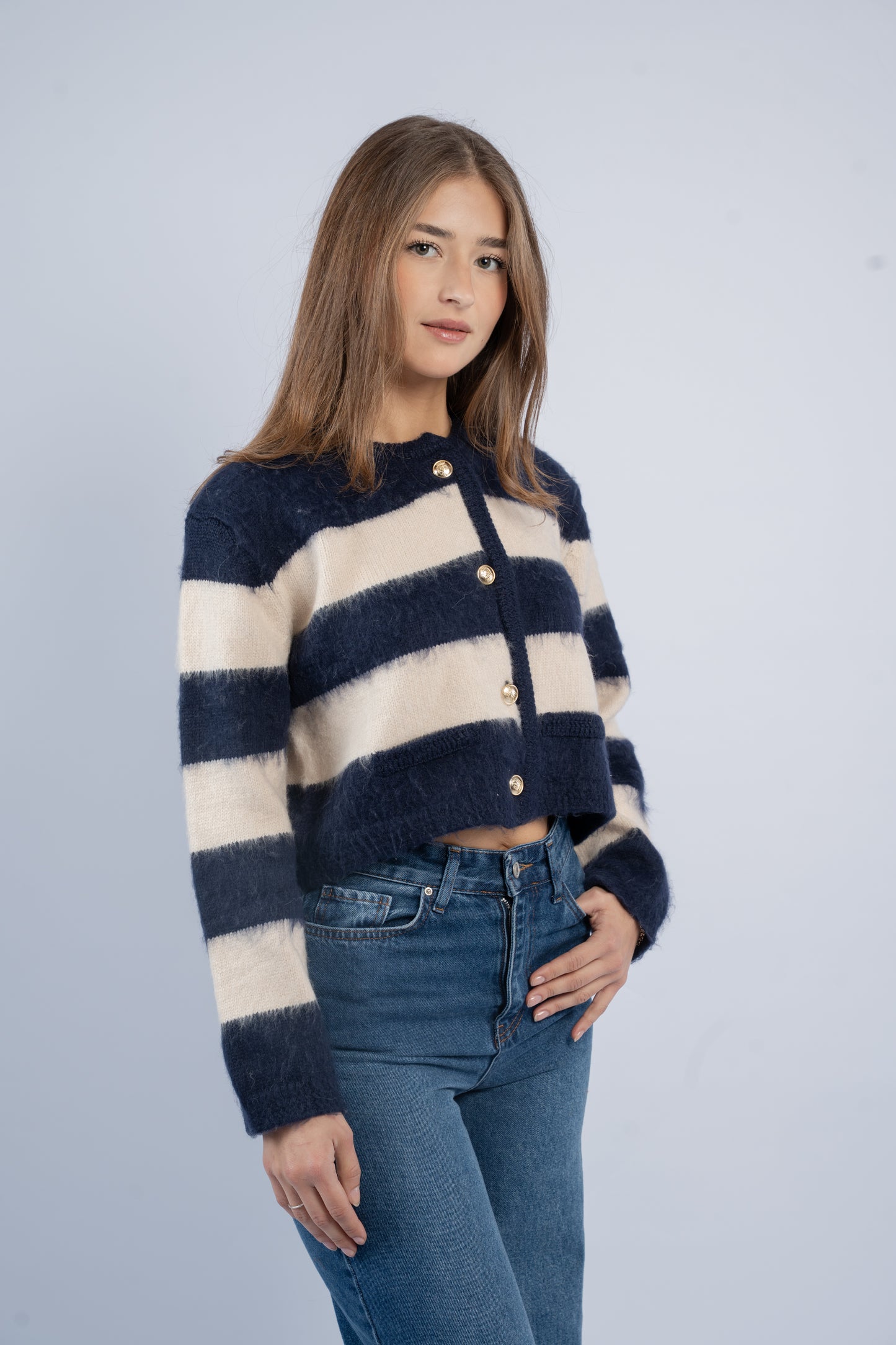 Navy block stripe cardigan