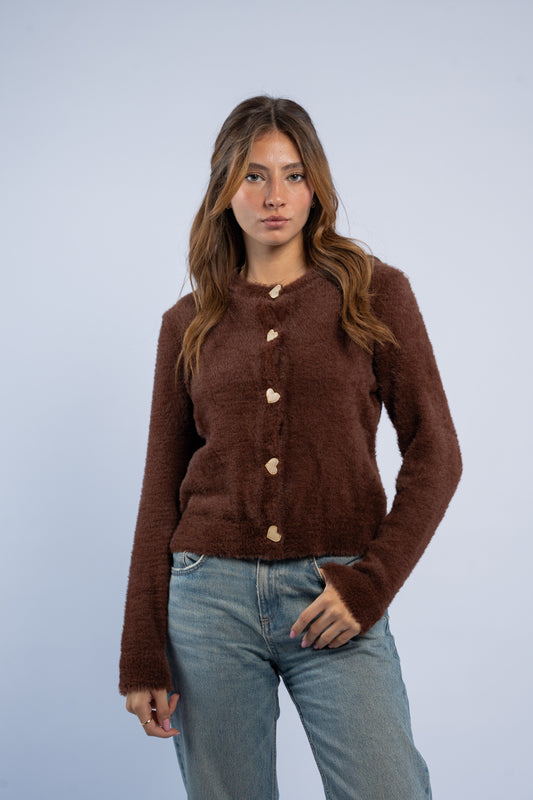 Brown knit cardigan with heart shaped buttons