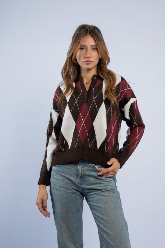 Argyle polo neck wool top
