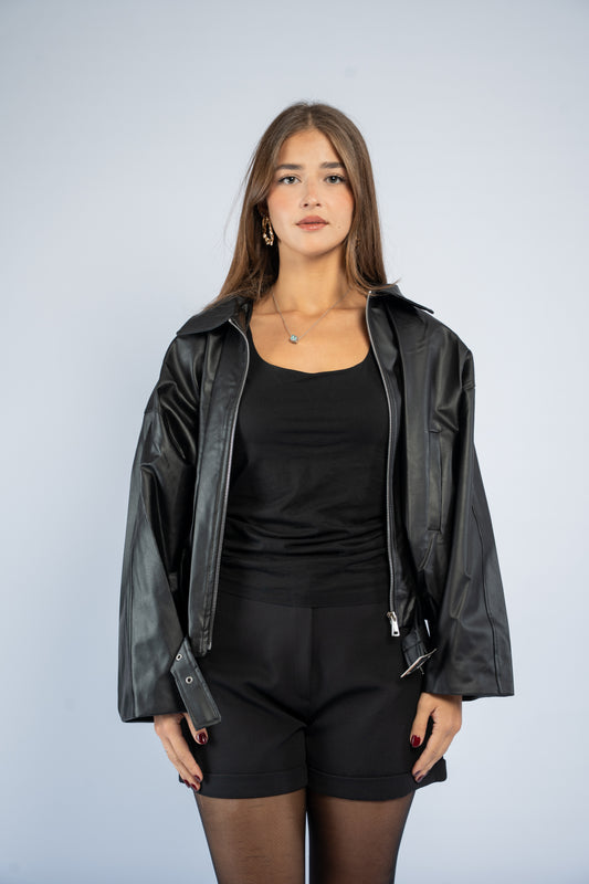 Black leather jacket with belt
