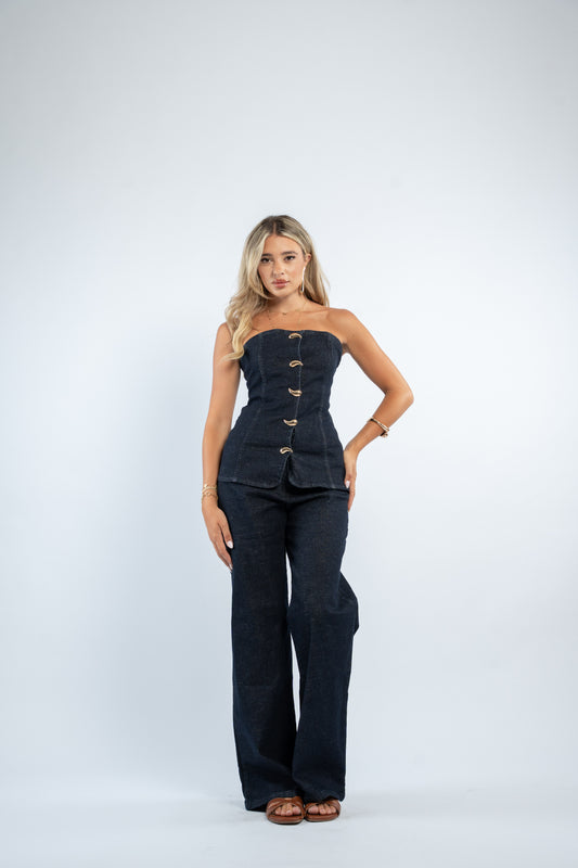 Gold button denim set