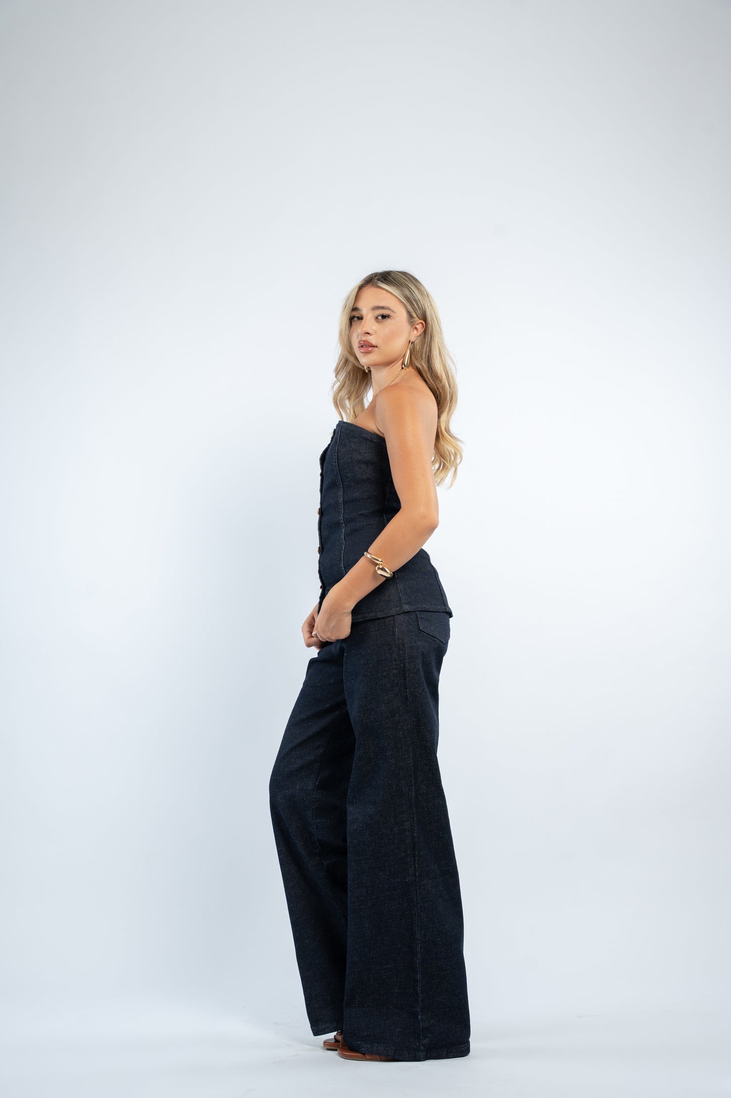 Gold button denim set