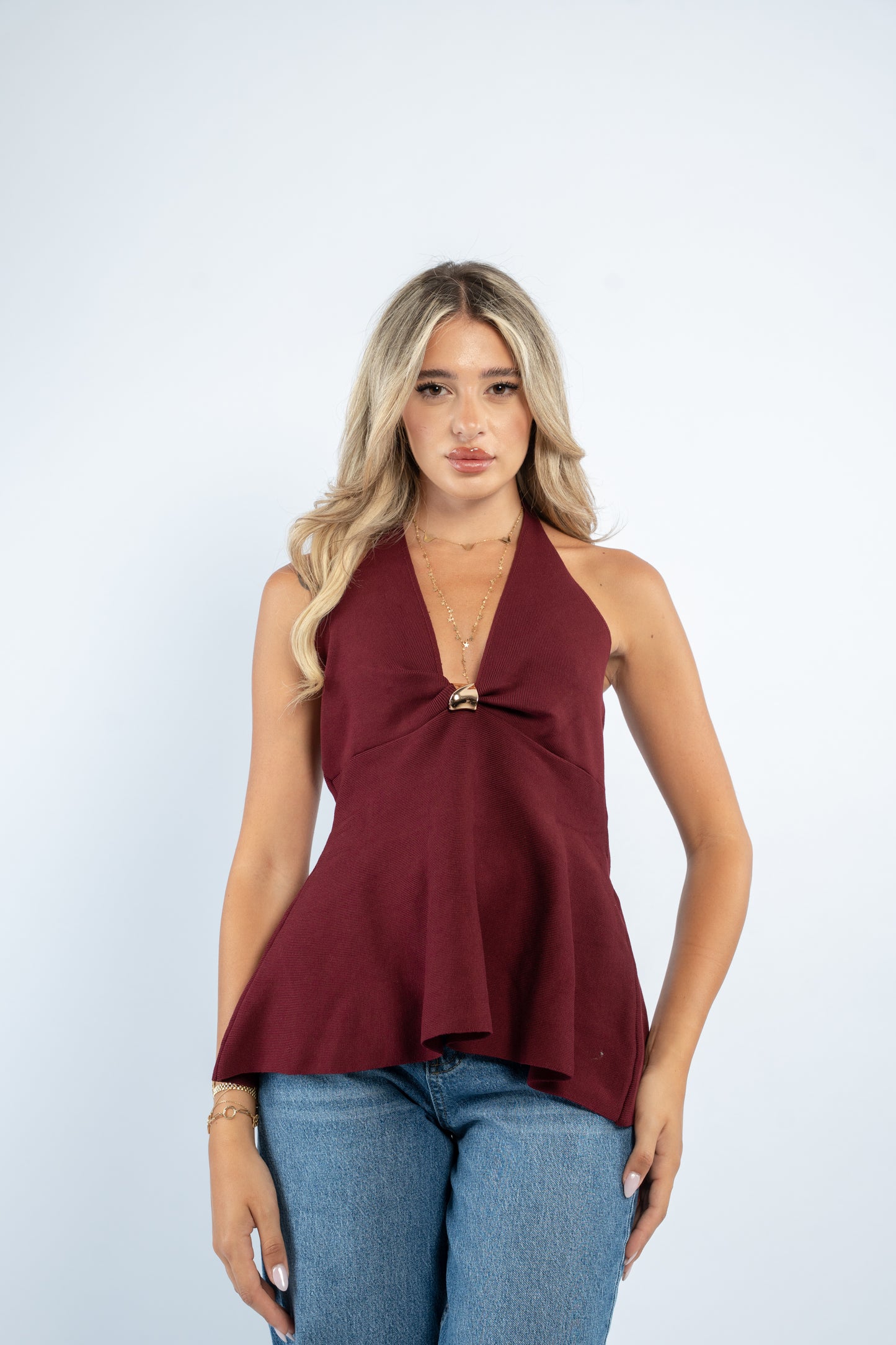 Gold button halter top