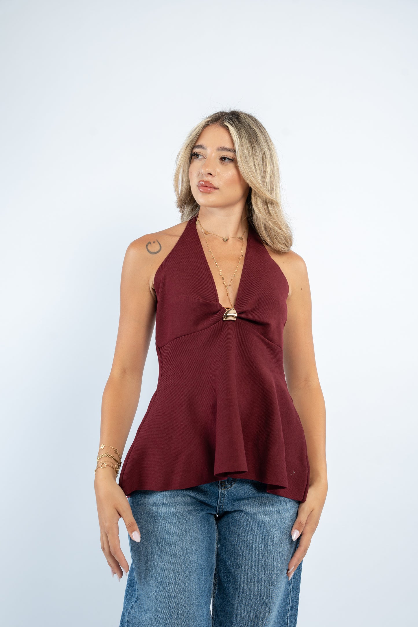 Gold button halter top