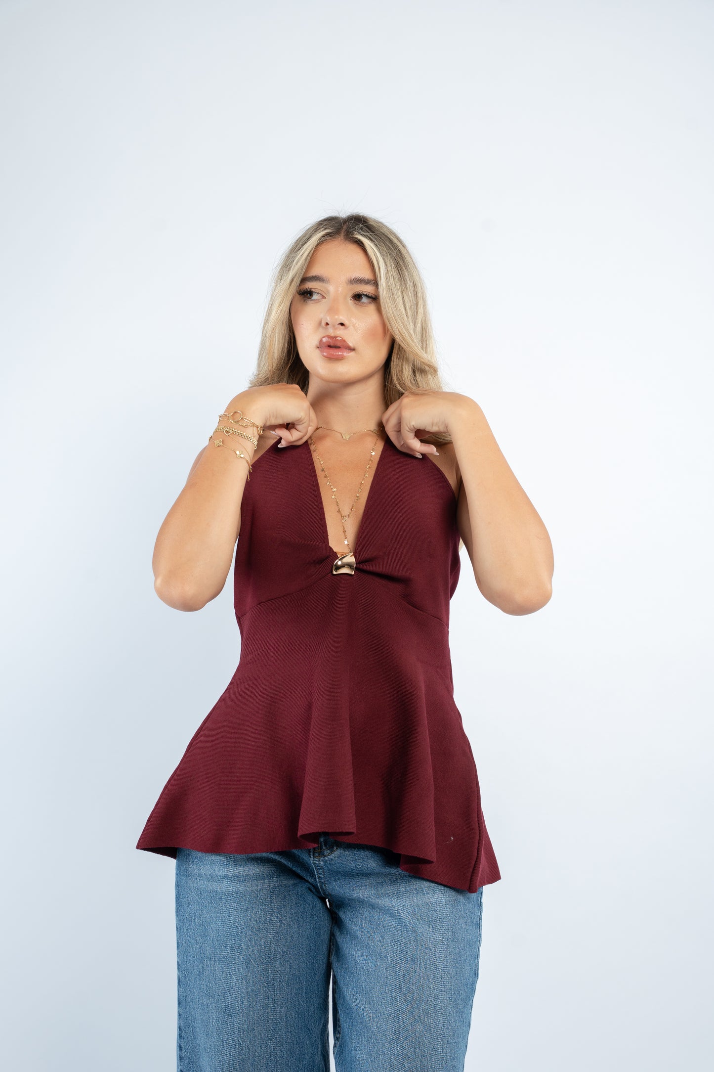 Gold button halter top