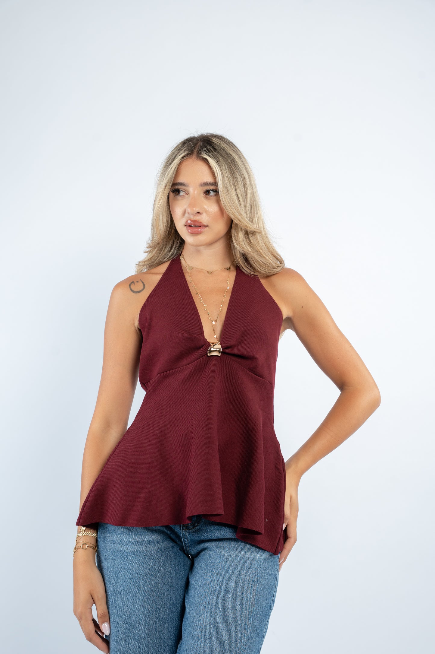 Gold button halter top