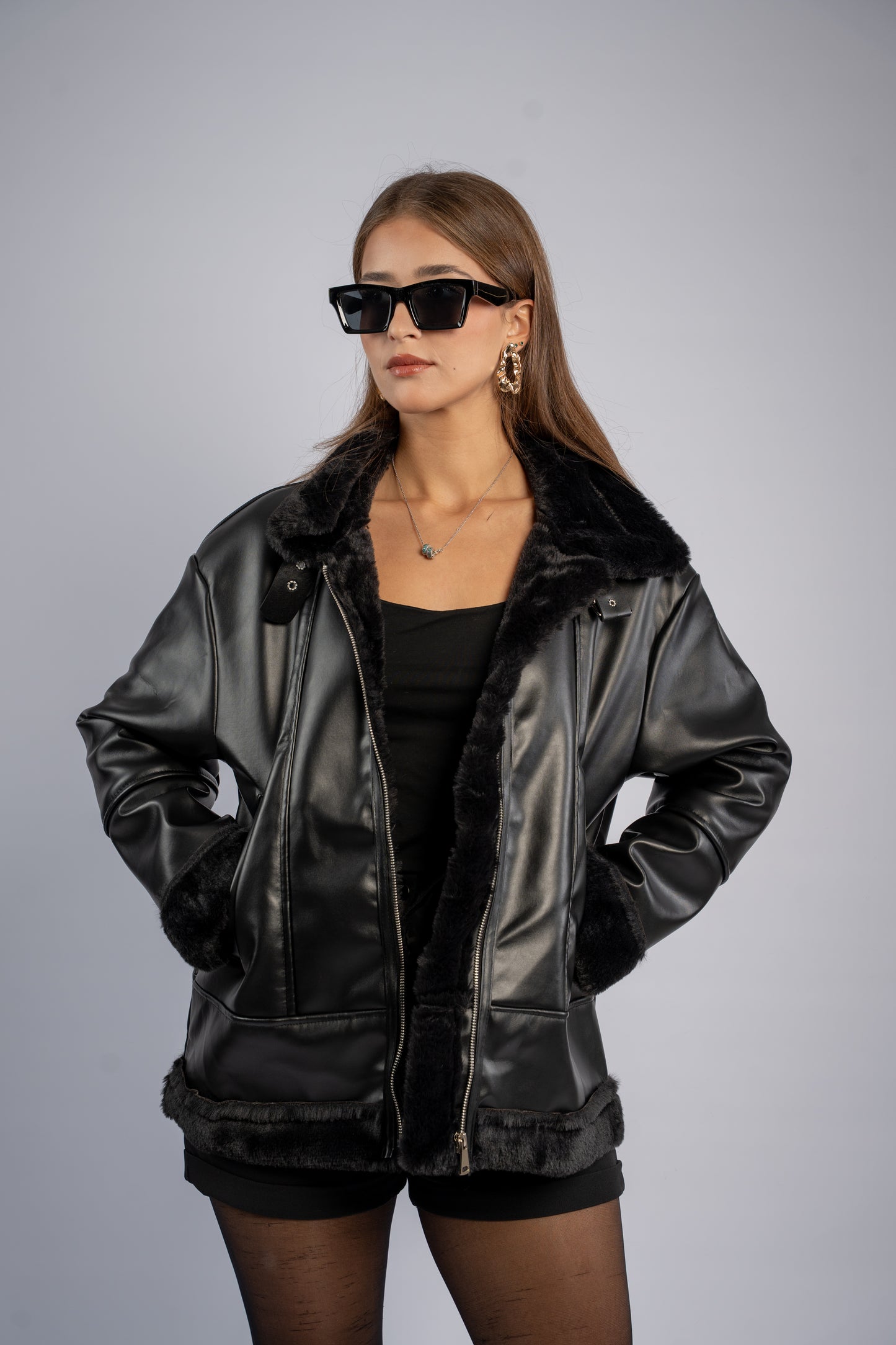 Black fur-lined jacket