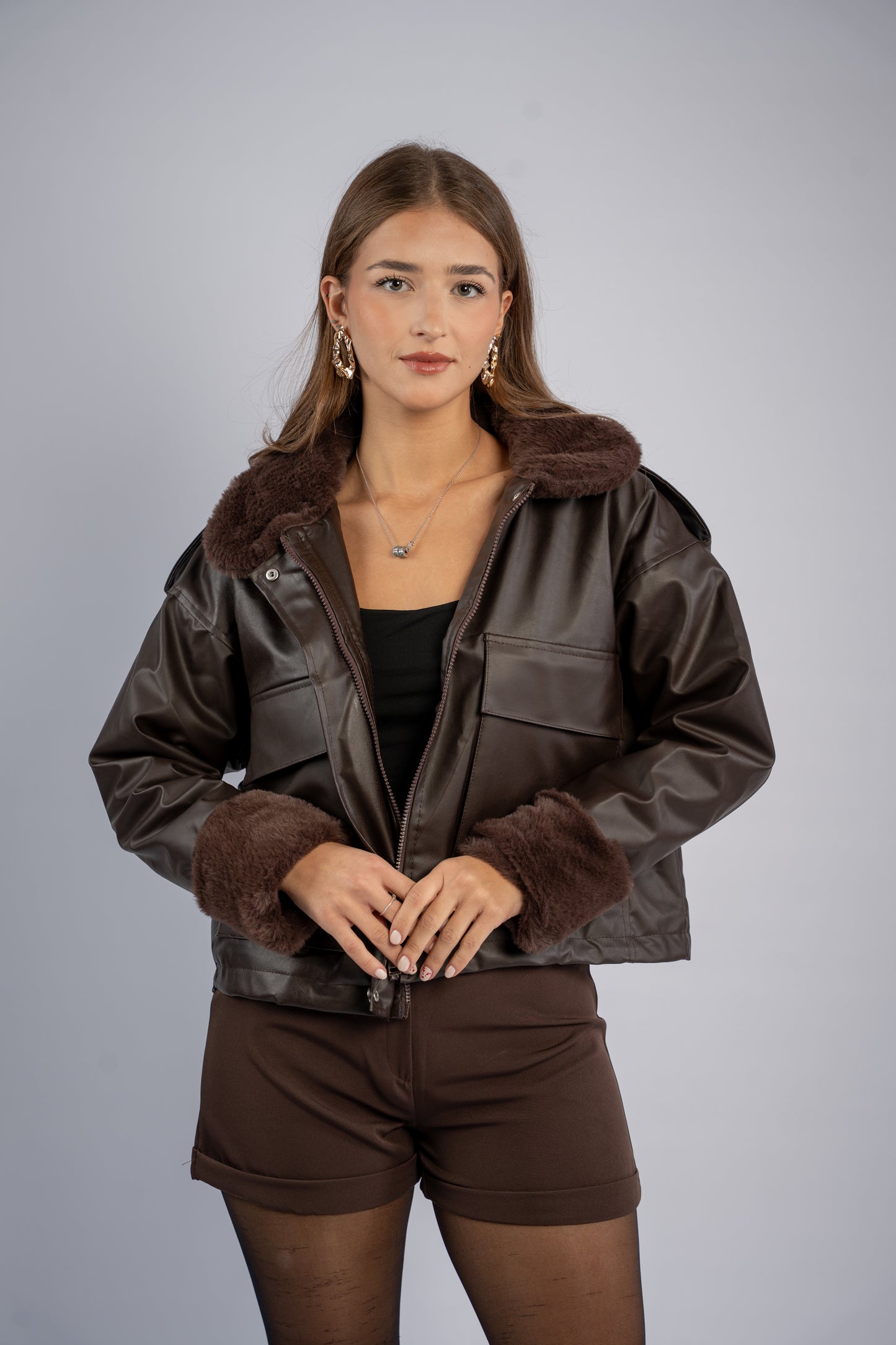 Brown leather fur jacket