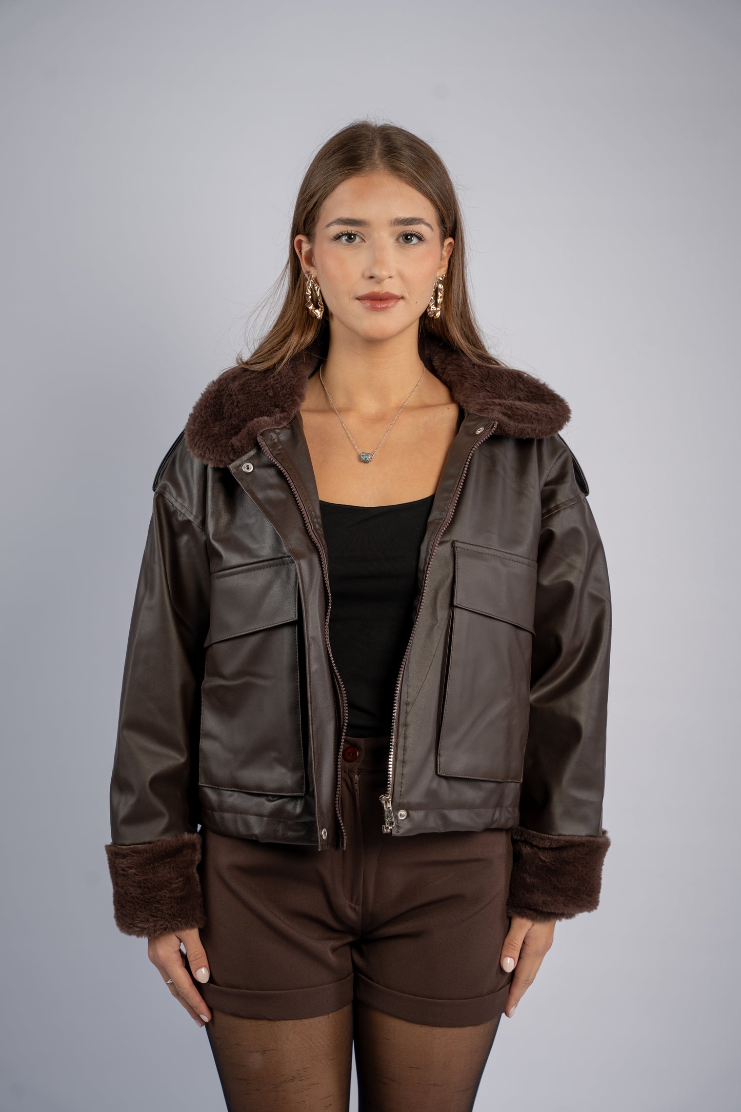 Brown leather fur jacket