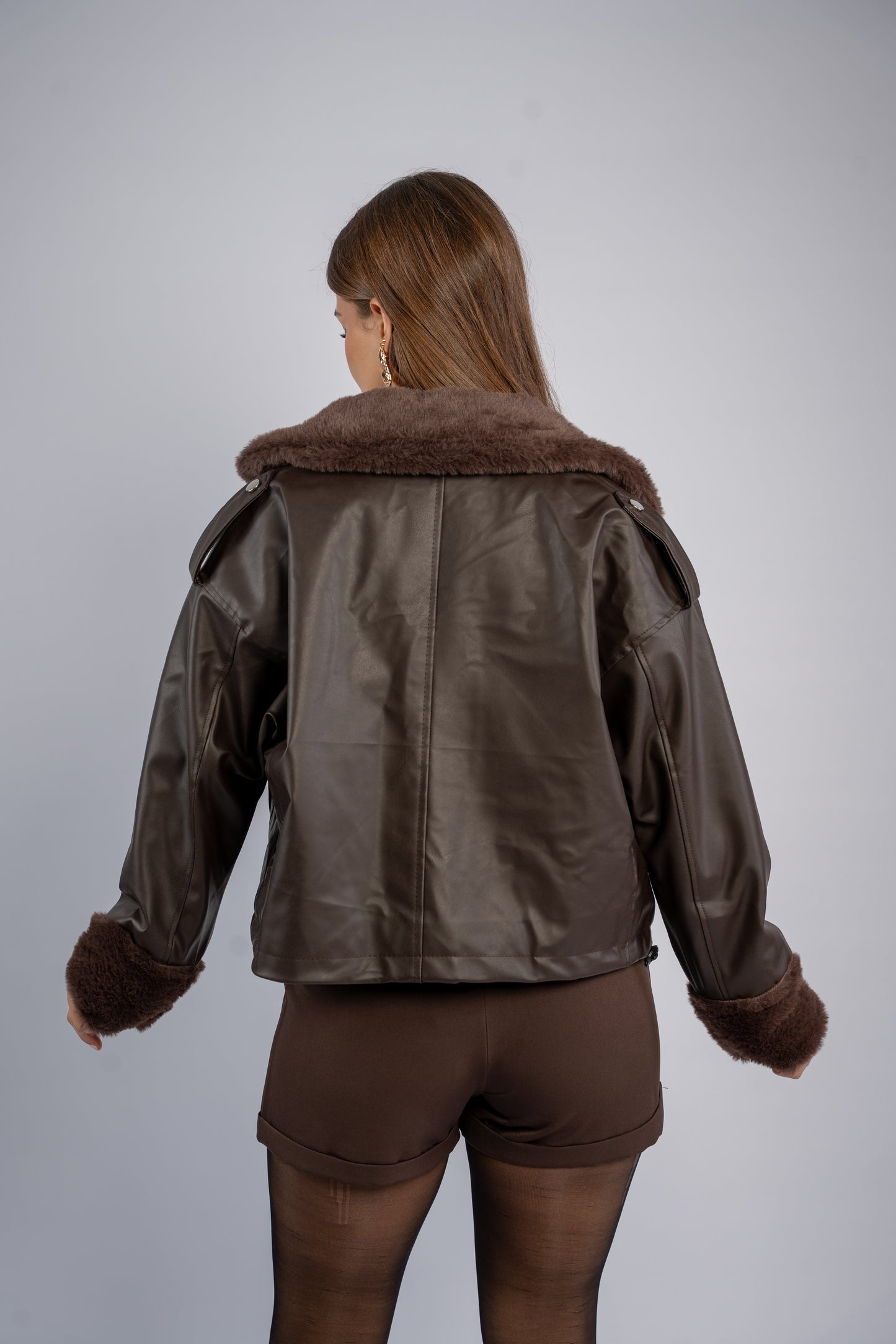 Brown leather fur jacket