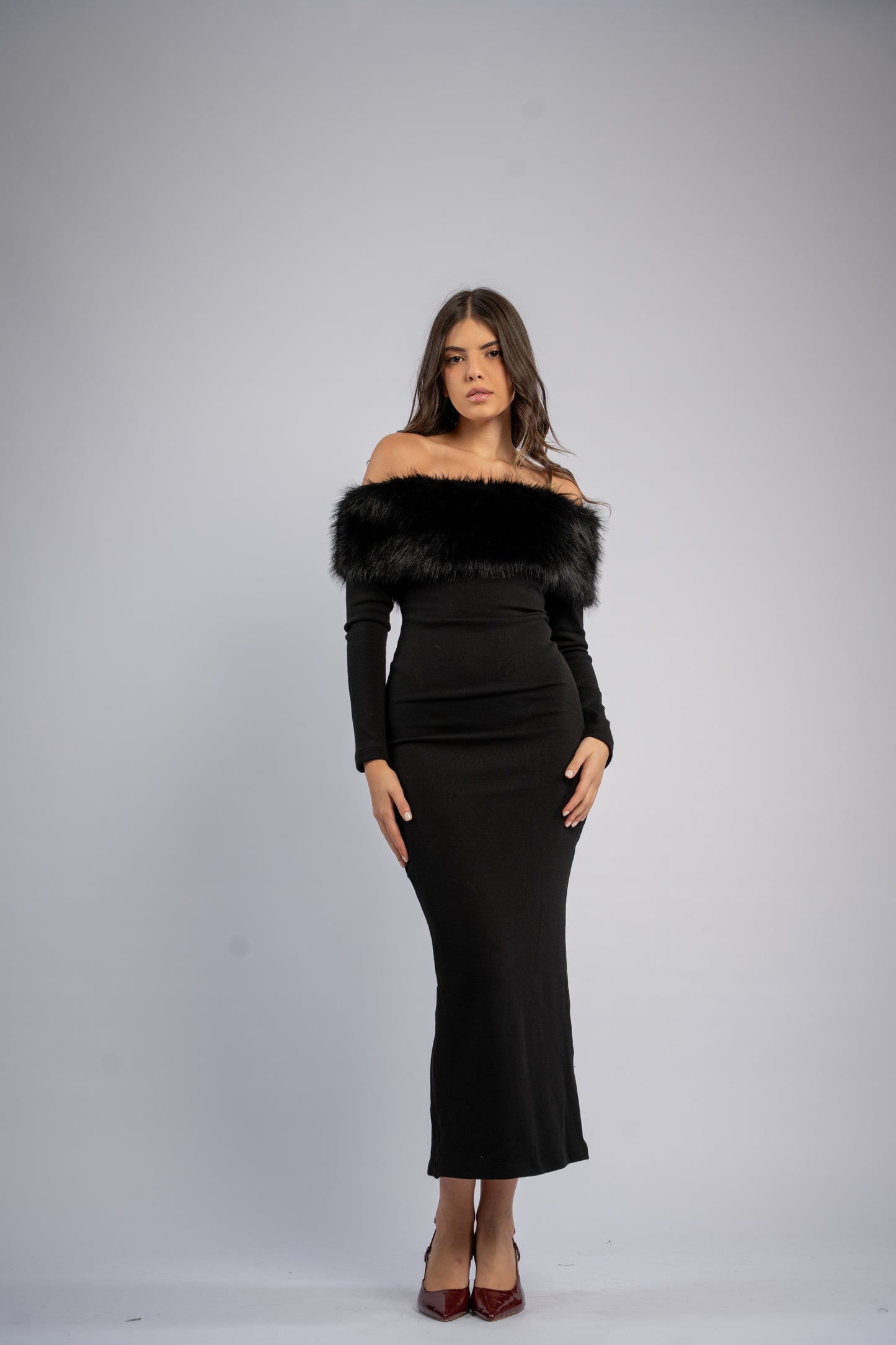 Off- shoulder fur dress