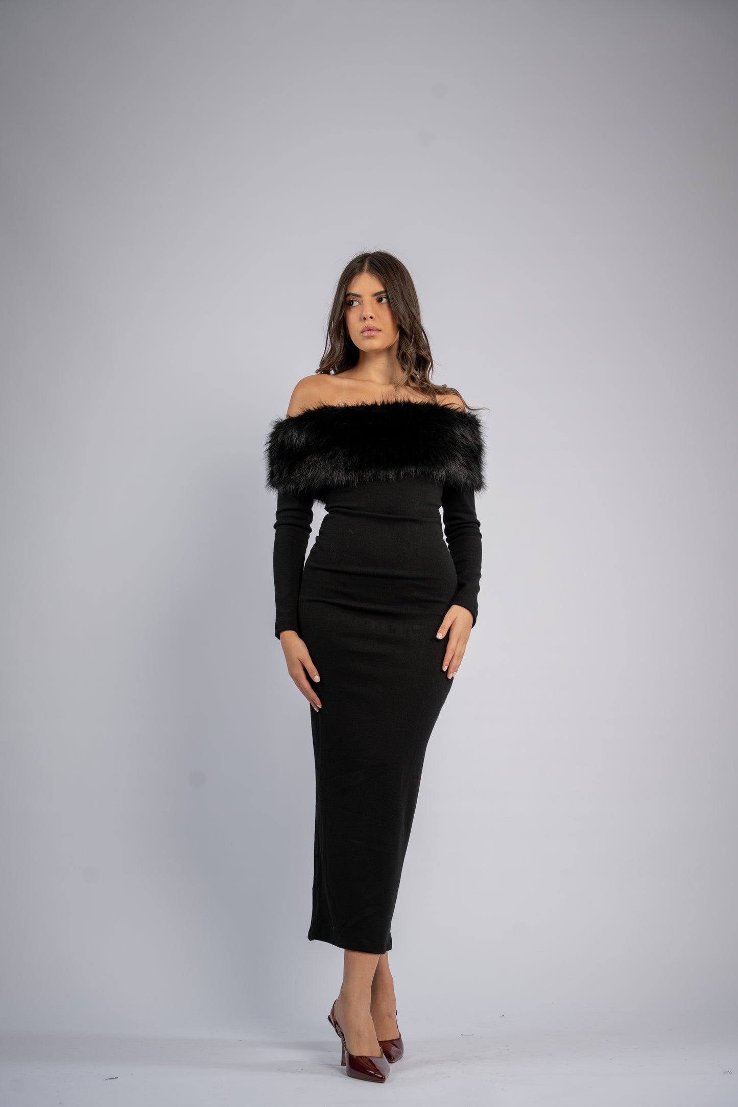 Off- shoulder fur dress