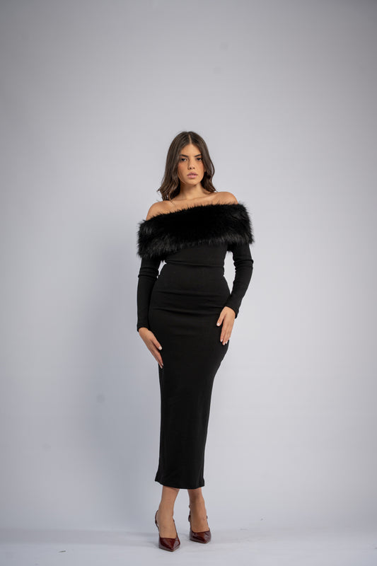 Off- shoulder fur dress
