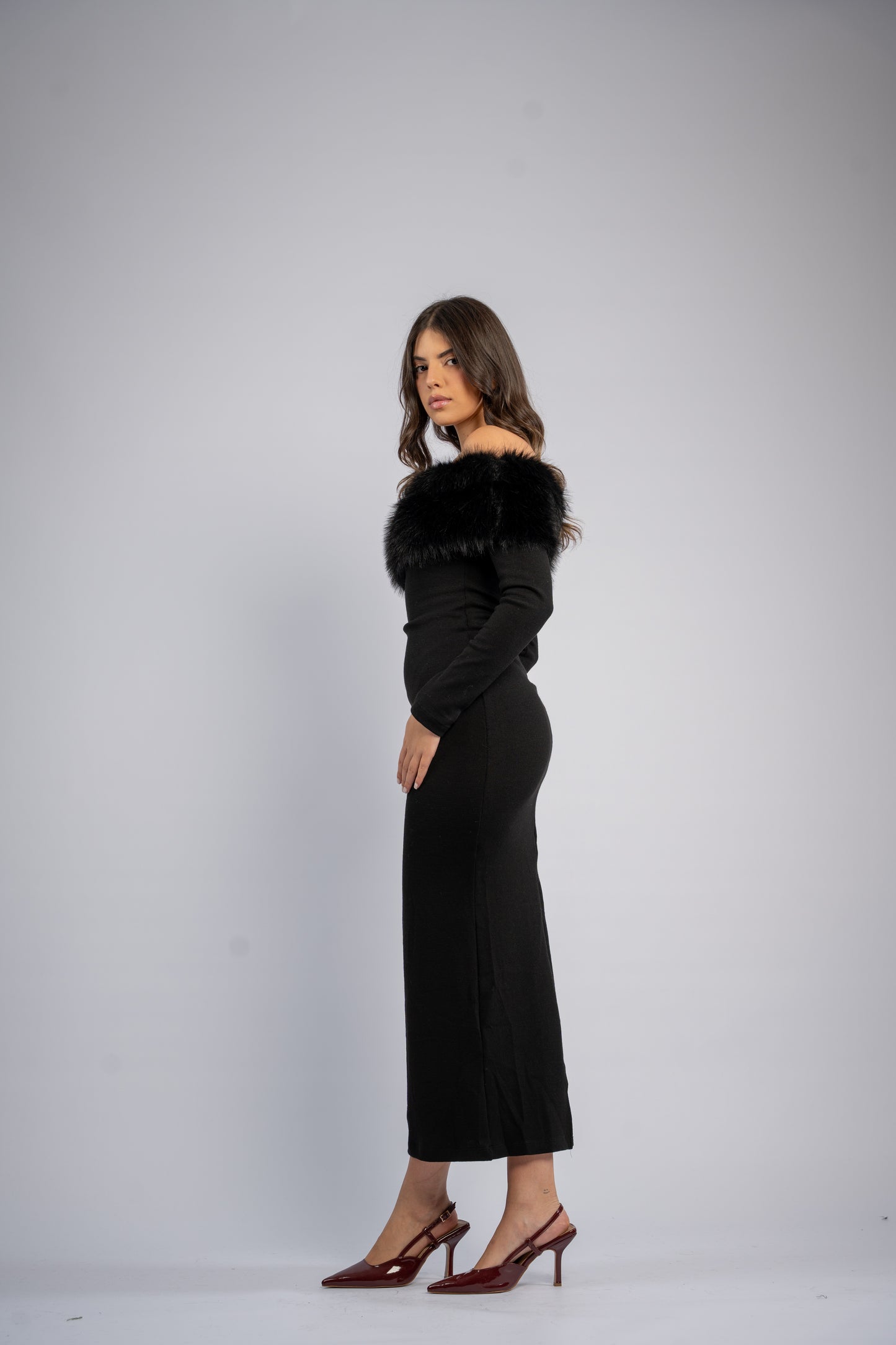 Off- shoulder fur dress