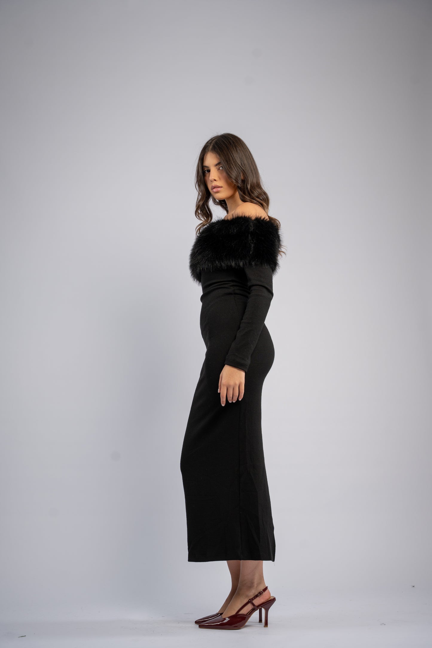 Off- shoulder fur dress