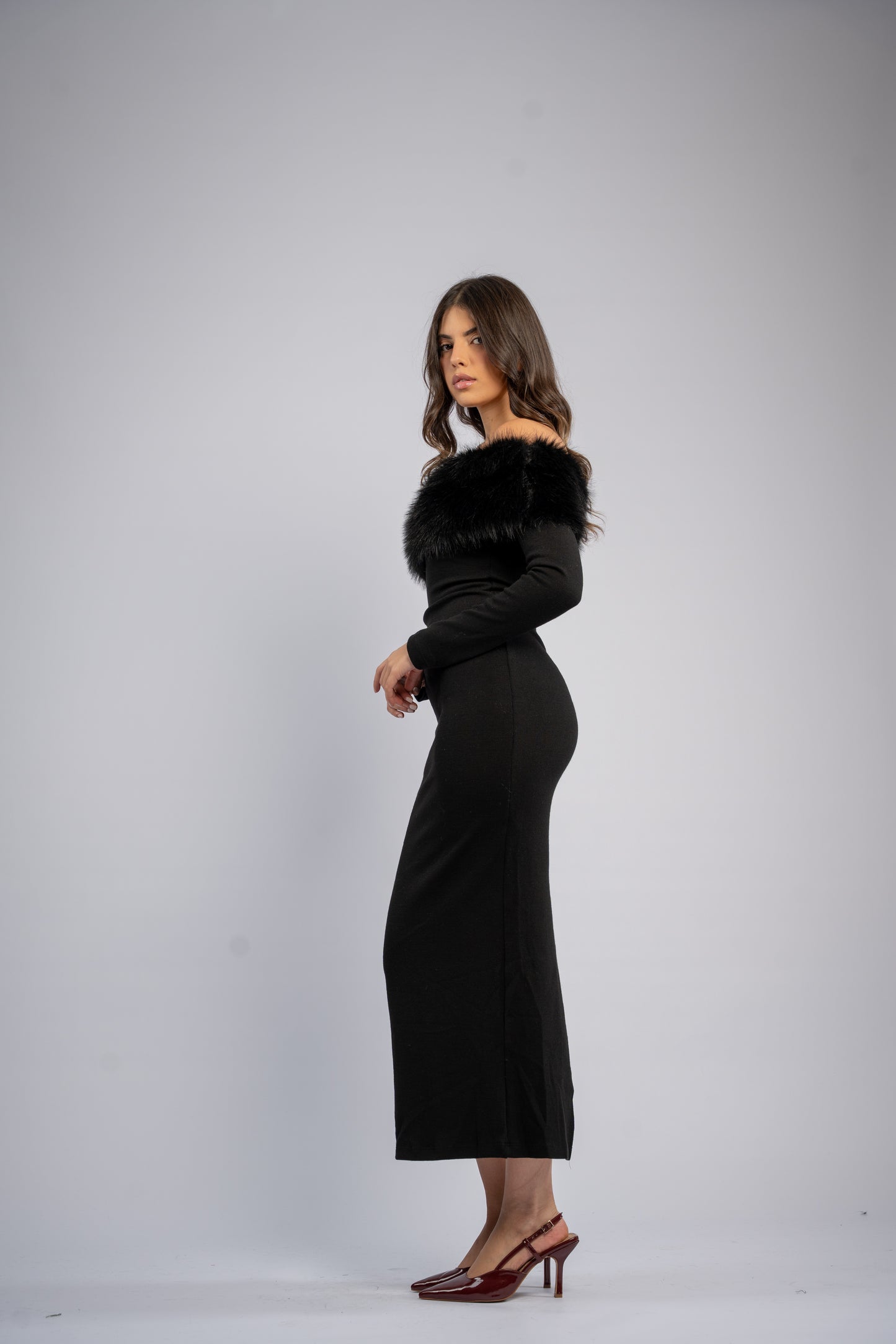 Off- shoulder fur dress