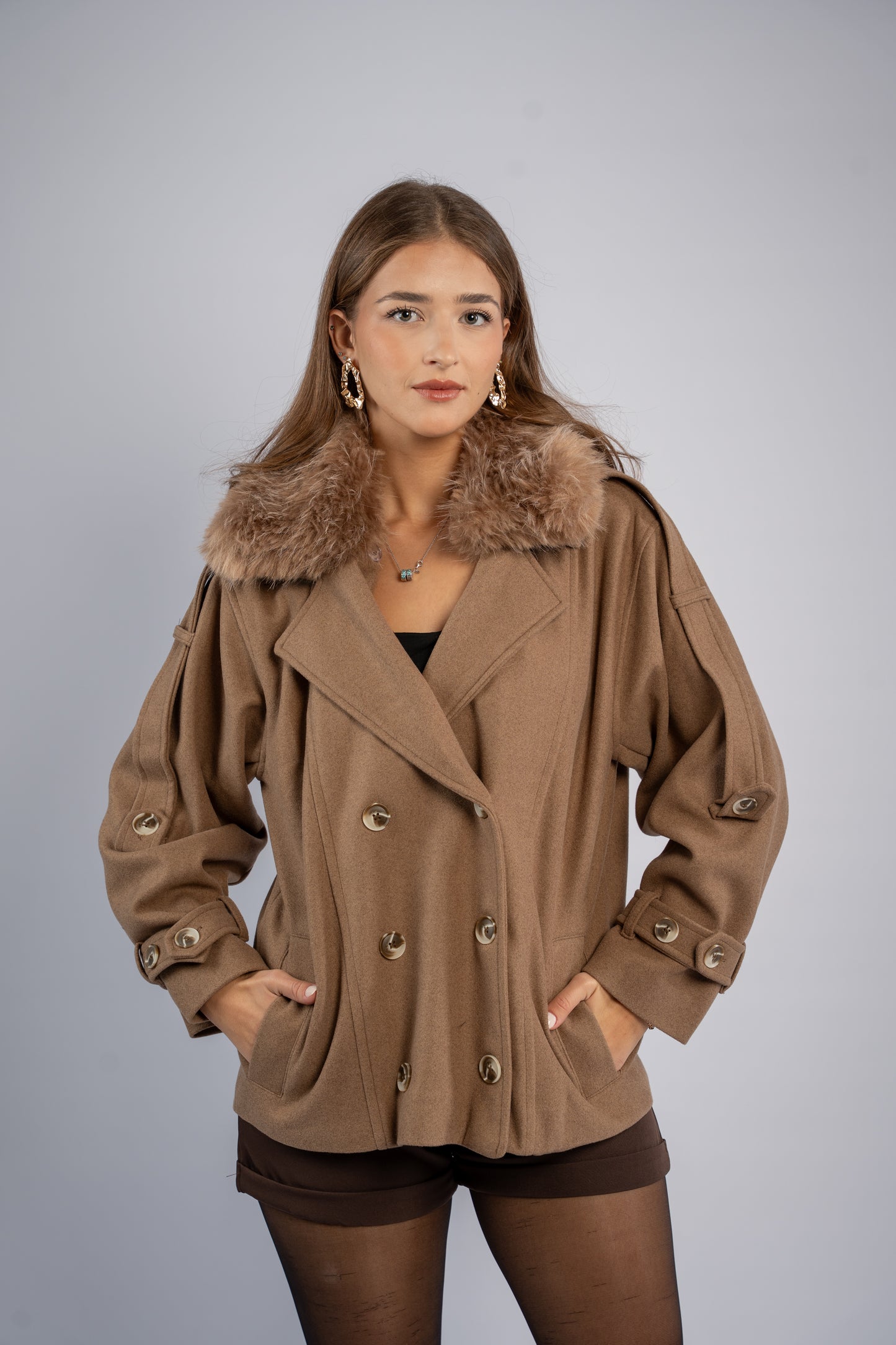 Fur-pocket hooded jacket