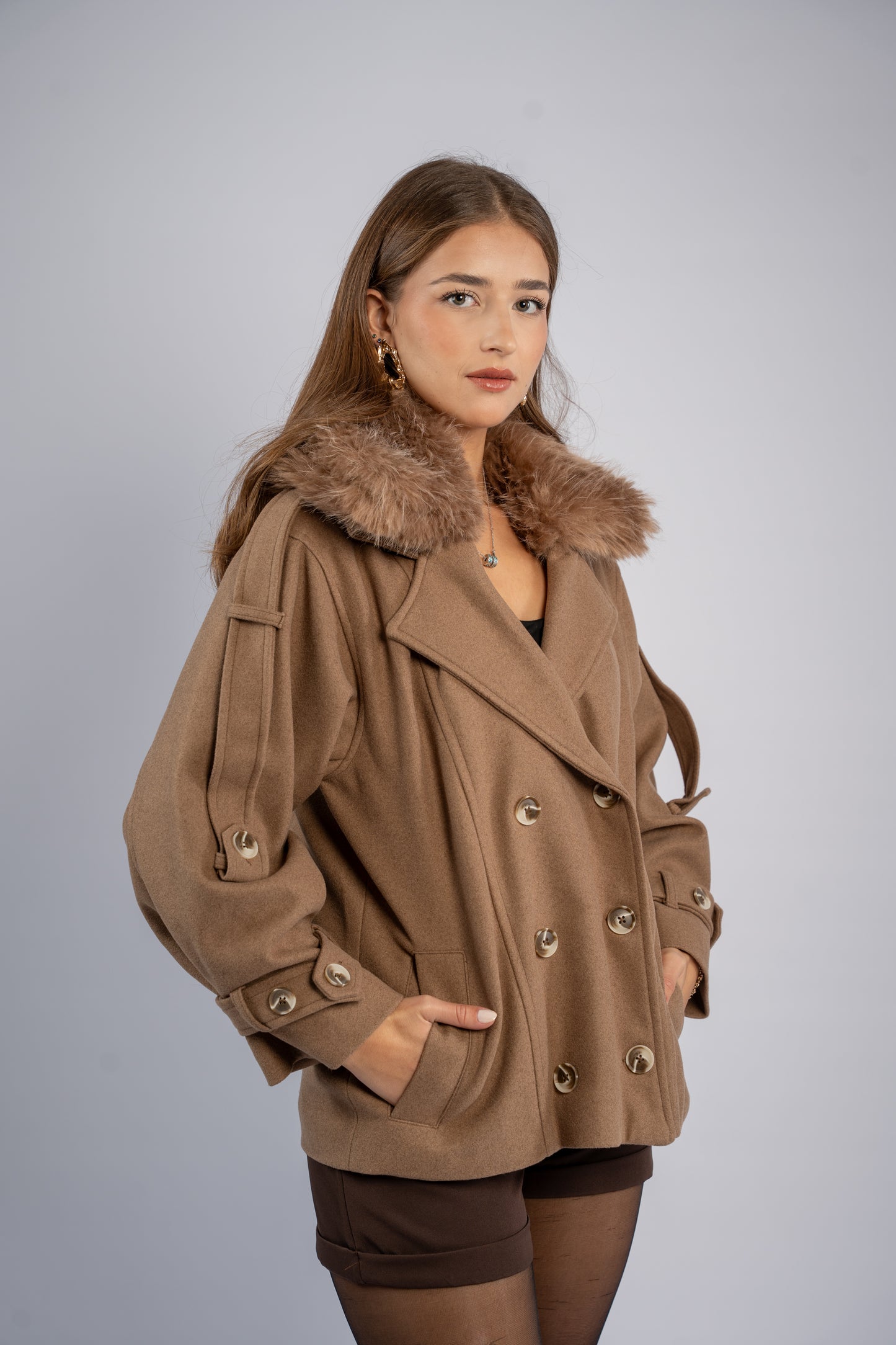 Fur-pocket hooded jacket