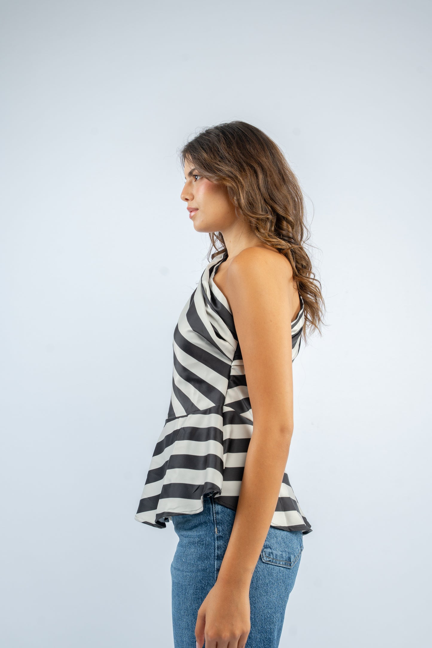 One- shoulder striped satin top