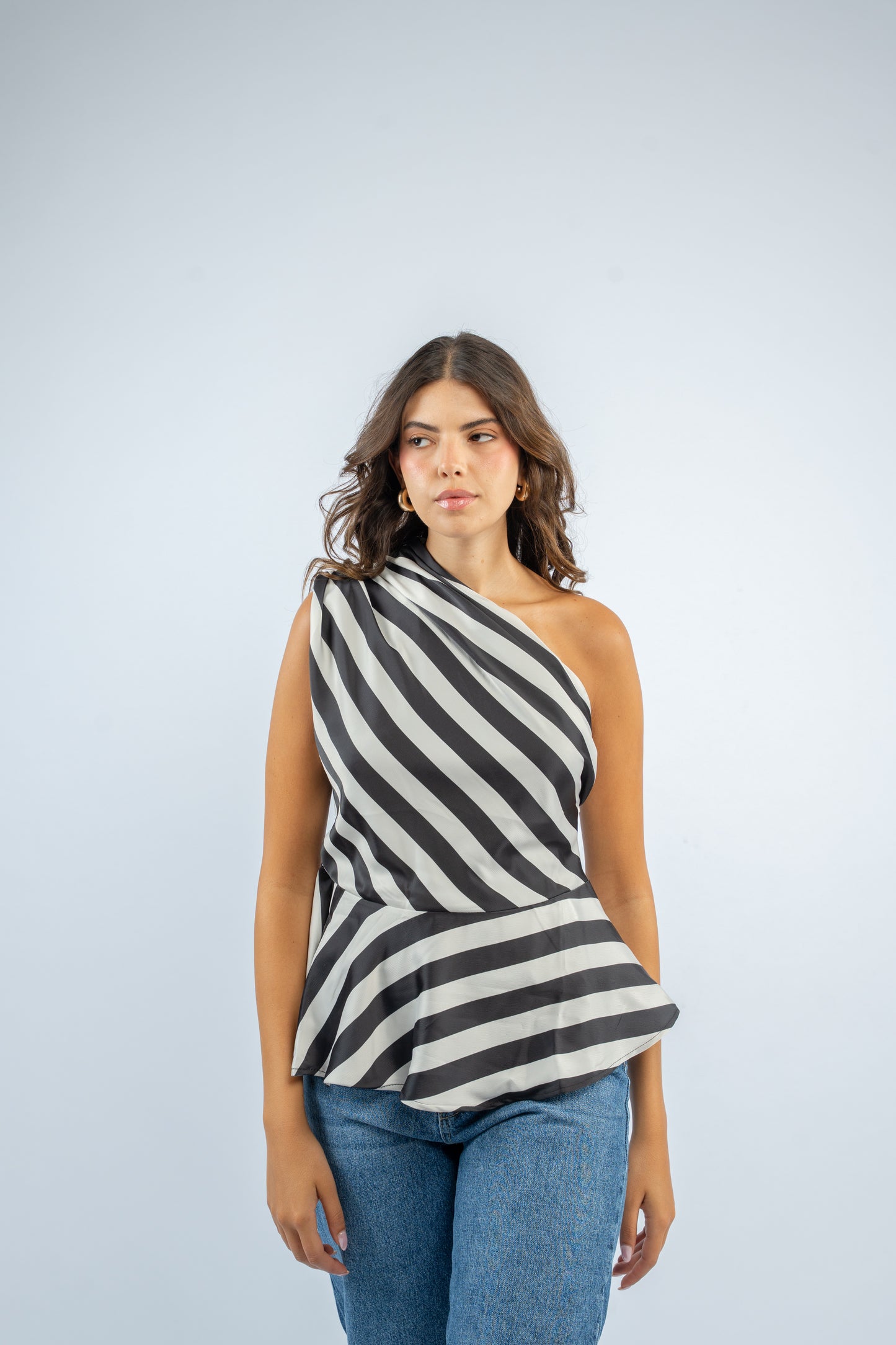 One- shoulder striped satin top