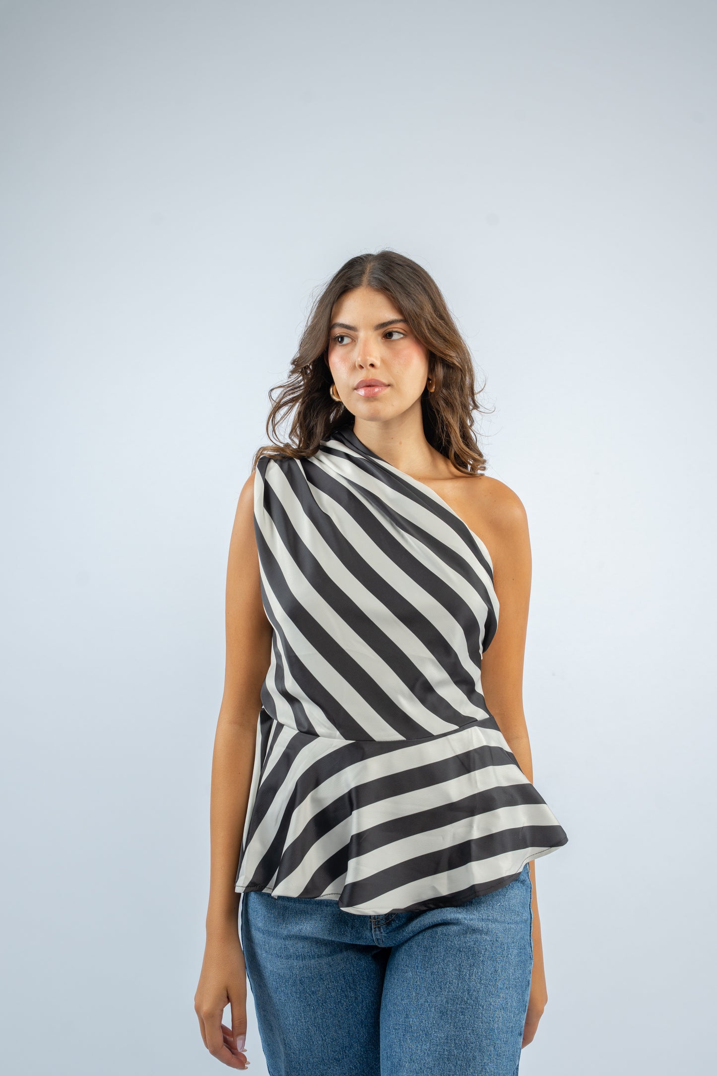 One- shoulder striped satin top