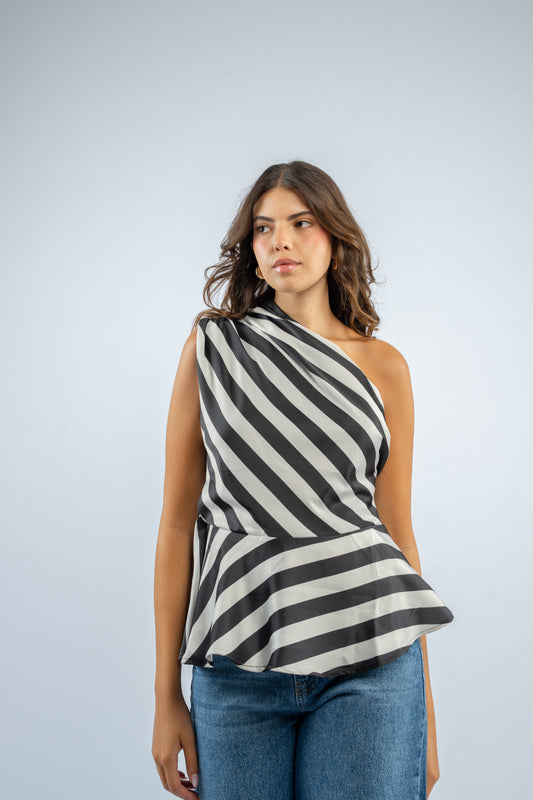 One- shoulder striped satin top