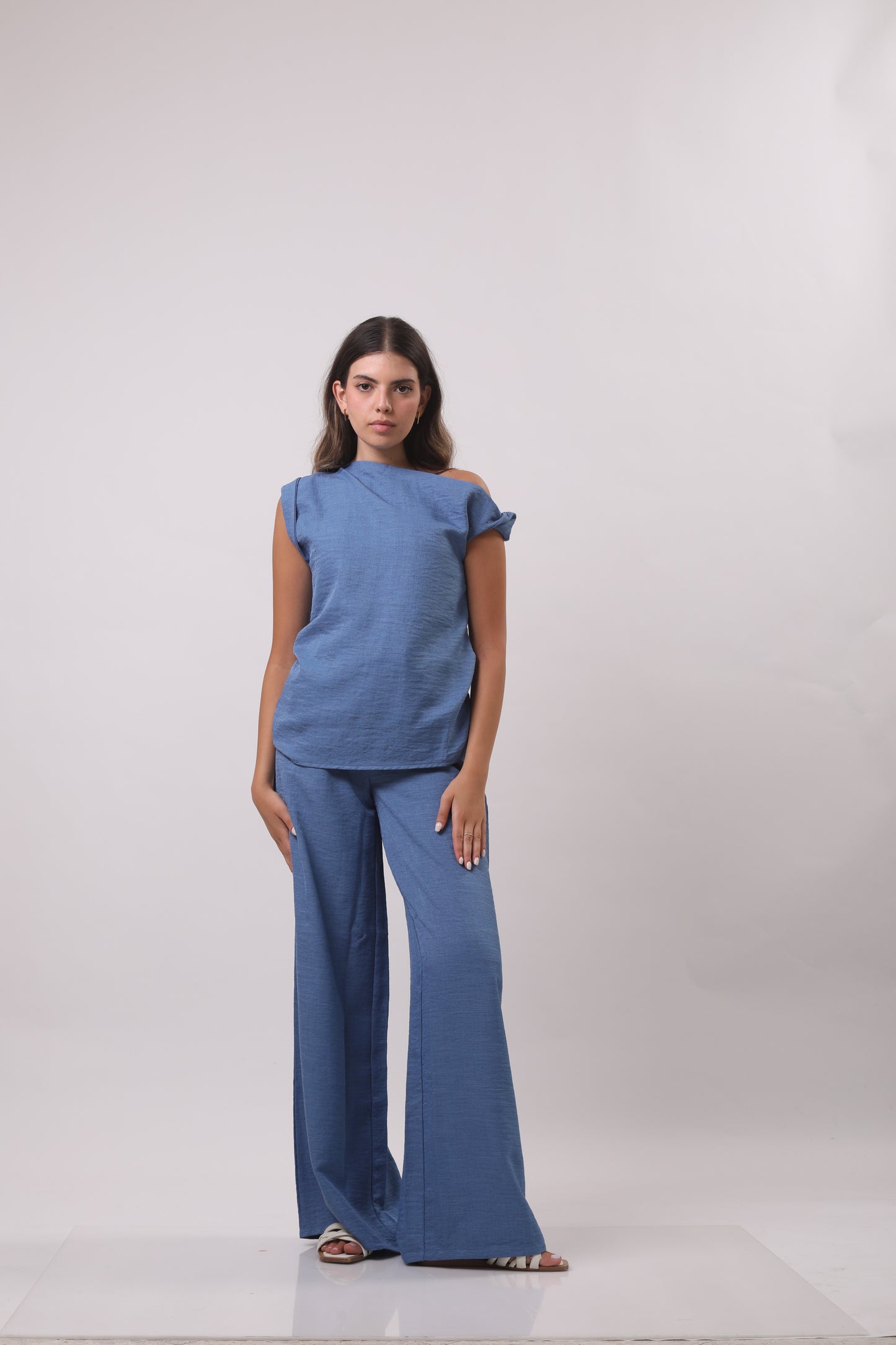 Off shoulder sleeve linen set