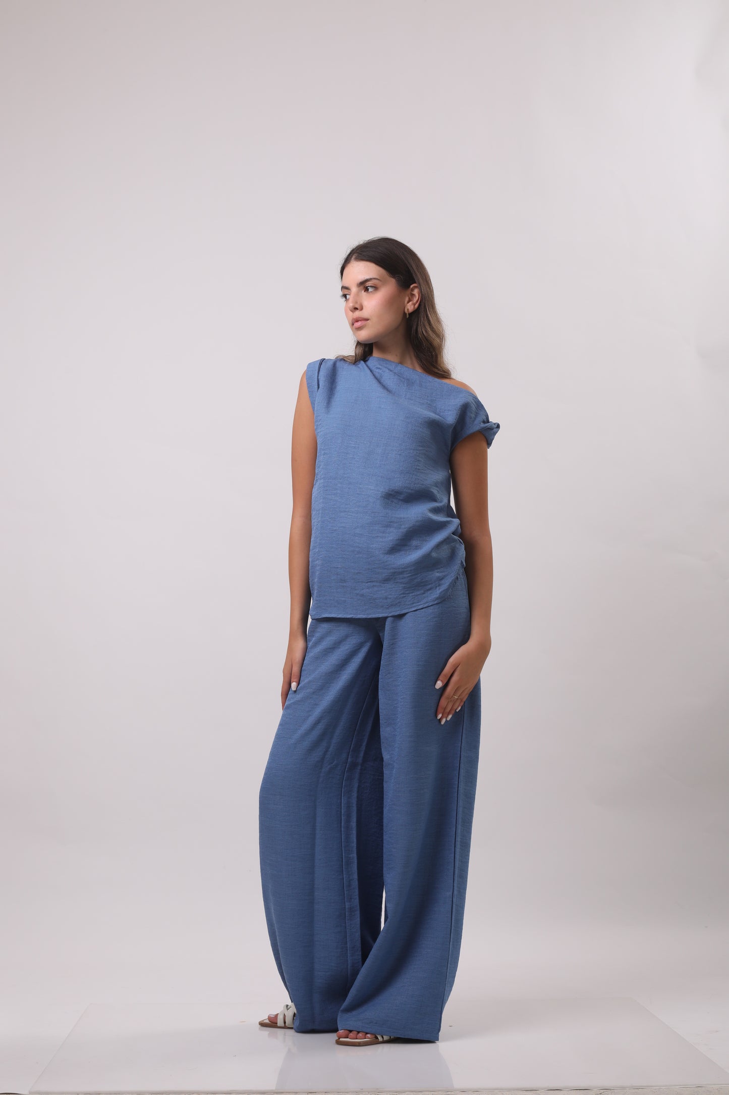 Off shoulder sleeve linen set