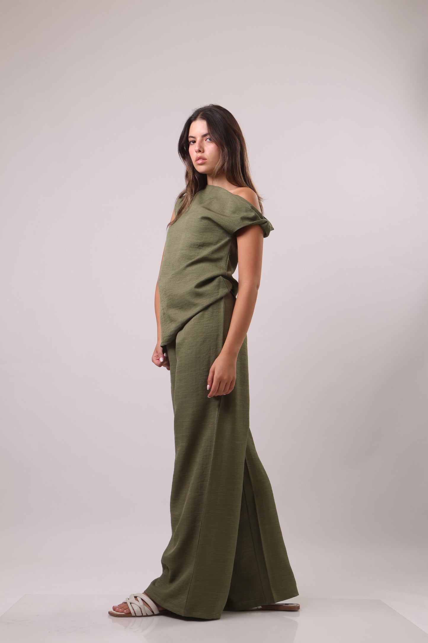 Off shoulder sleeve linen set