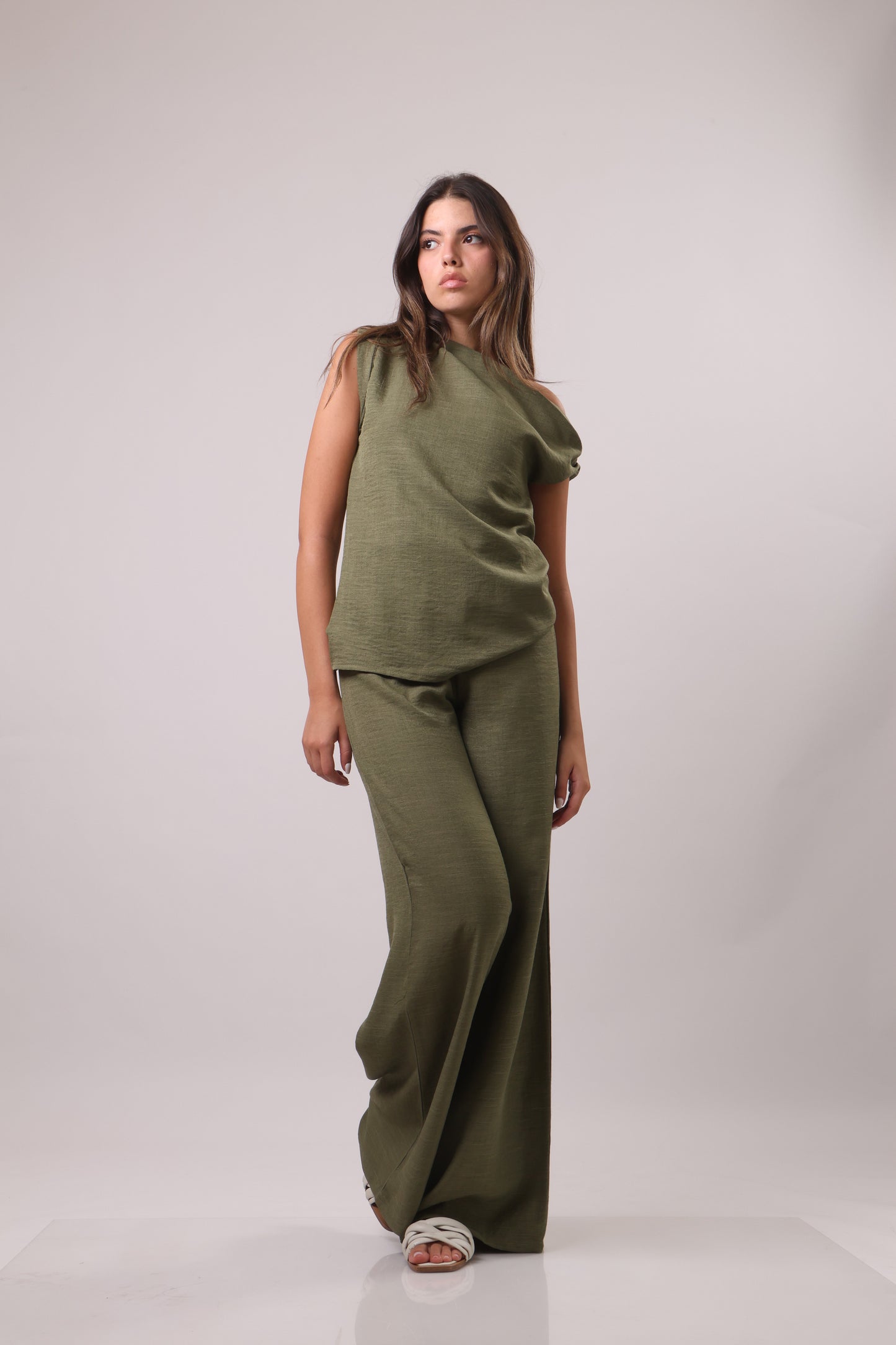 Off shoulder sleeve linen set