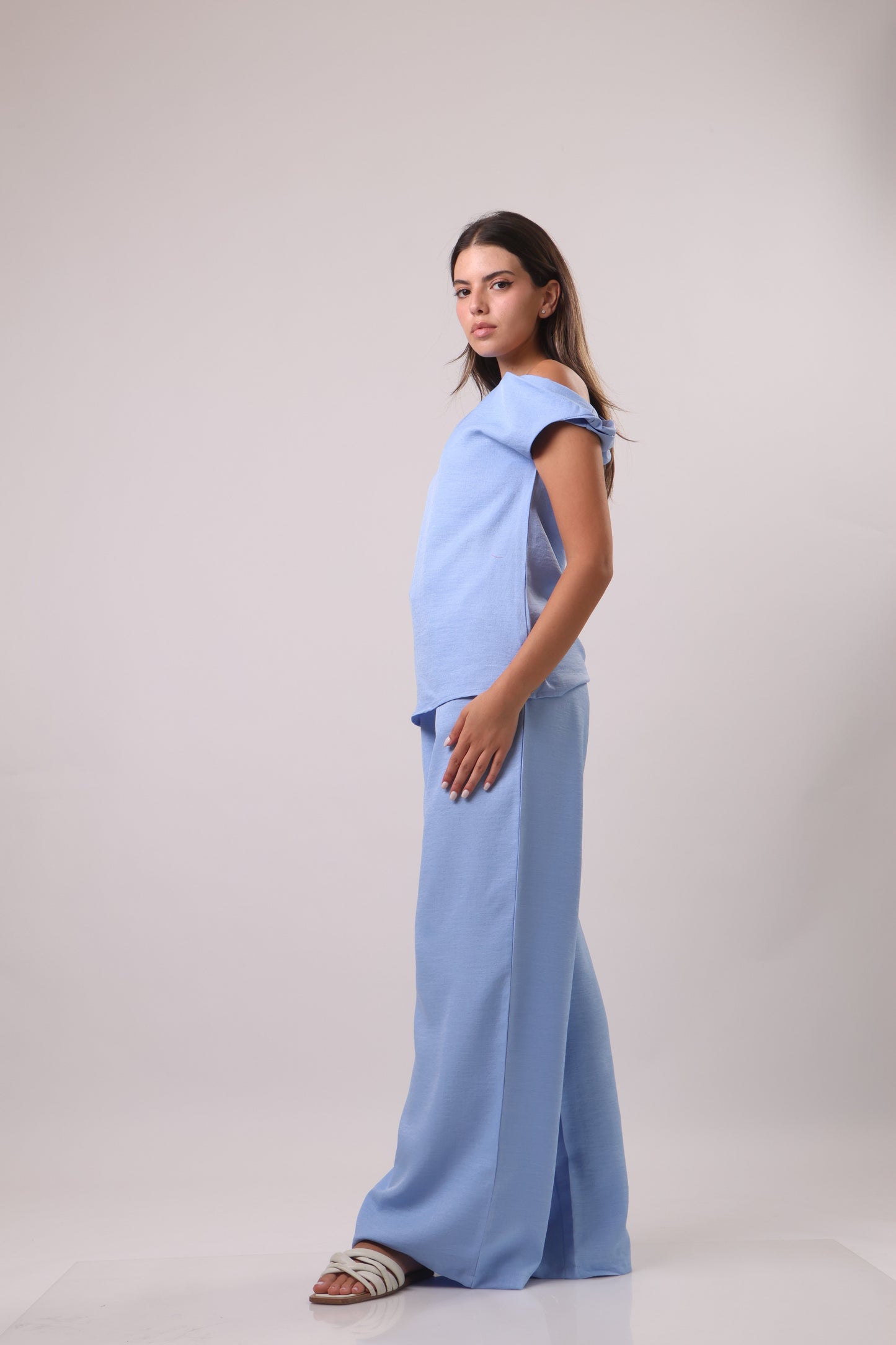 Off shoulder sleeve linen set
