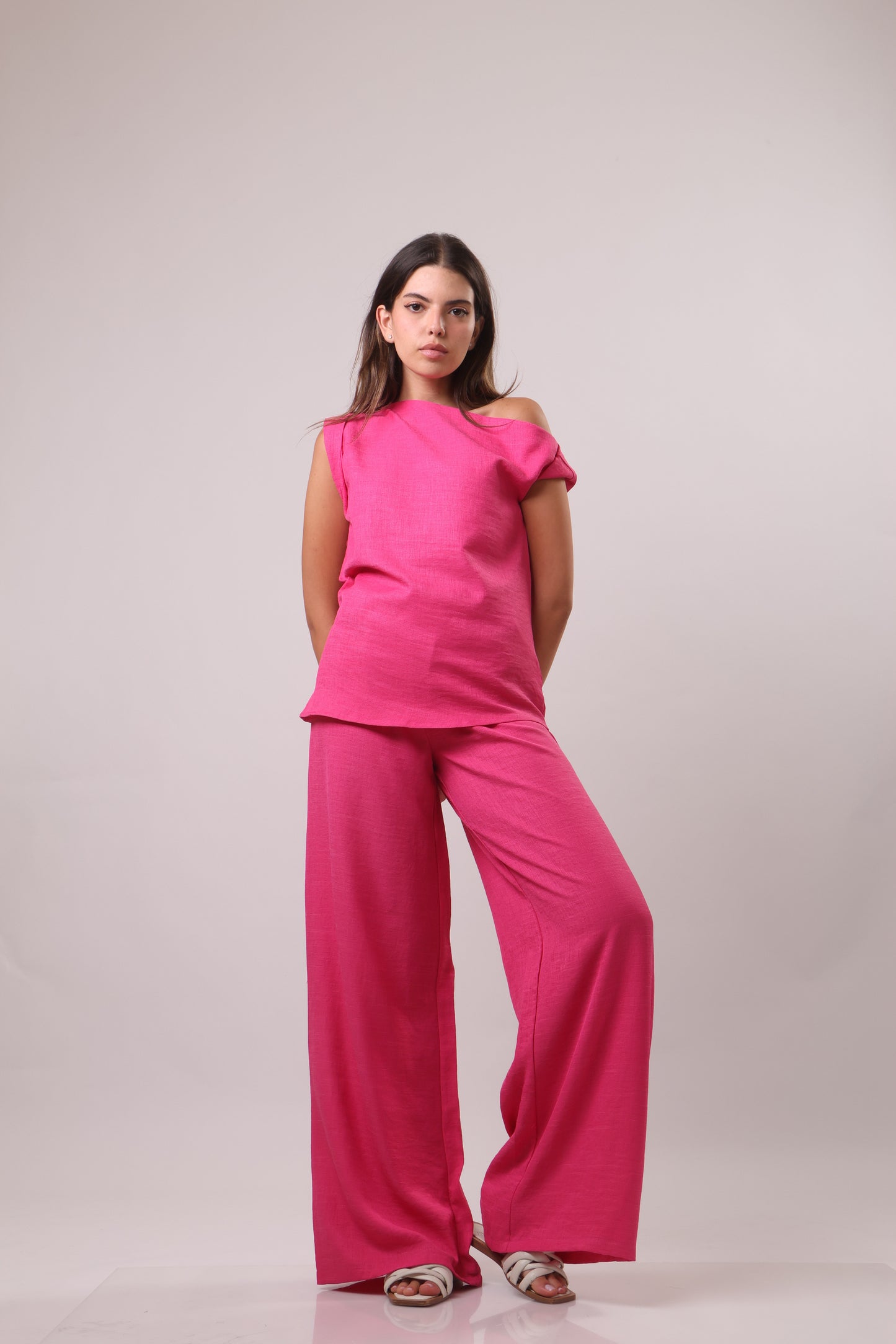 Off shoulder sleeve linen set