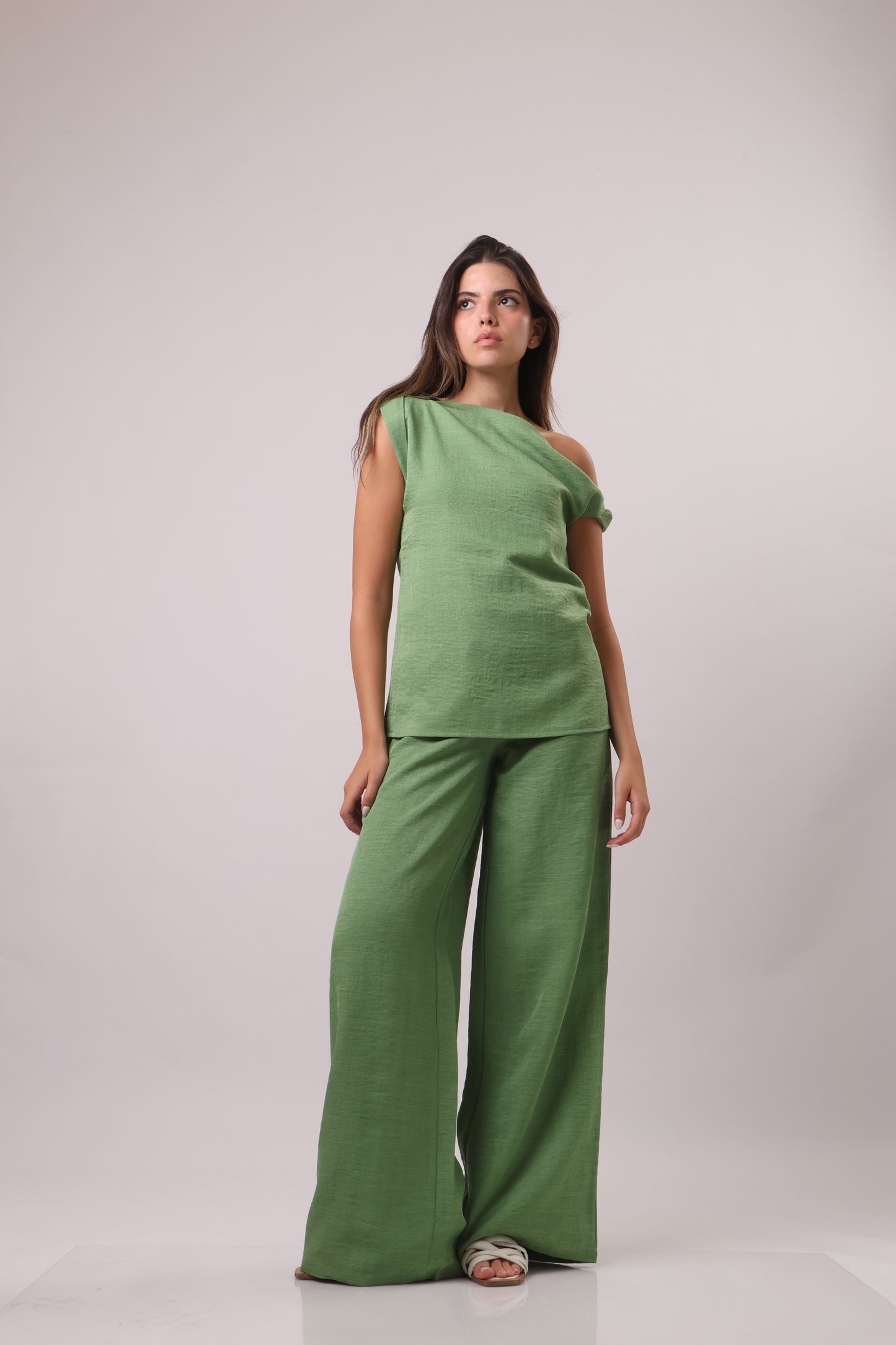 Off shoulder sleeve linen set