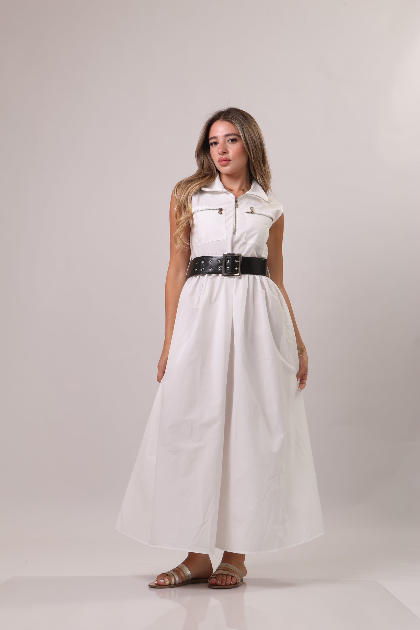 Poplin midi dress with belt