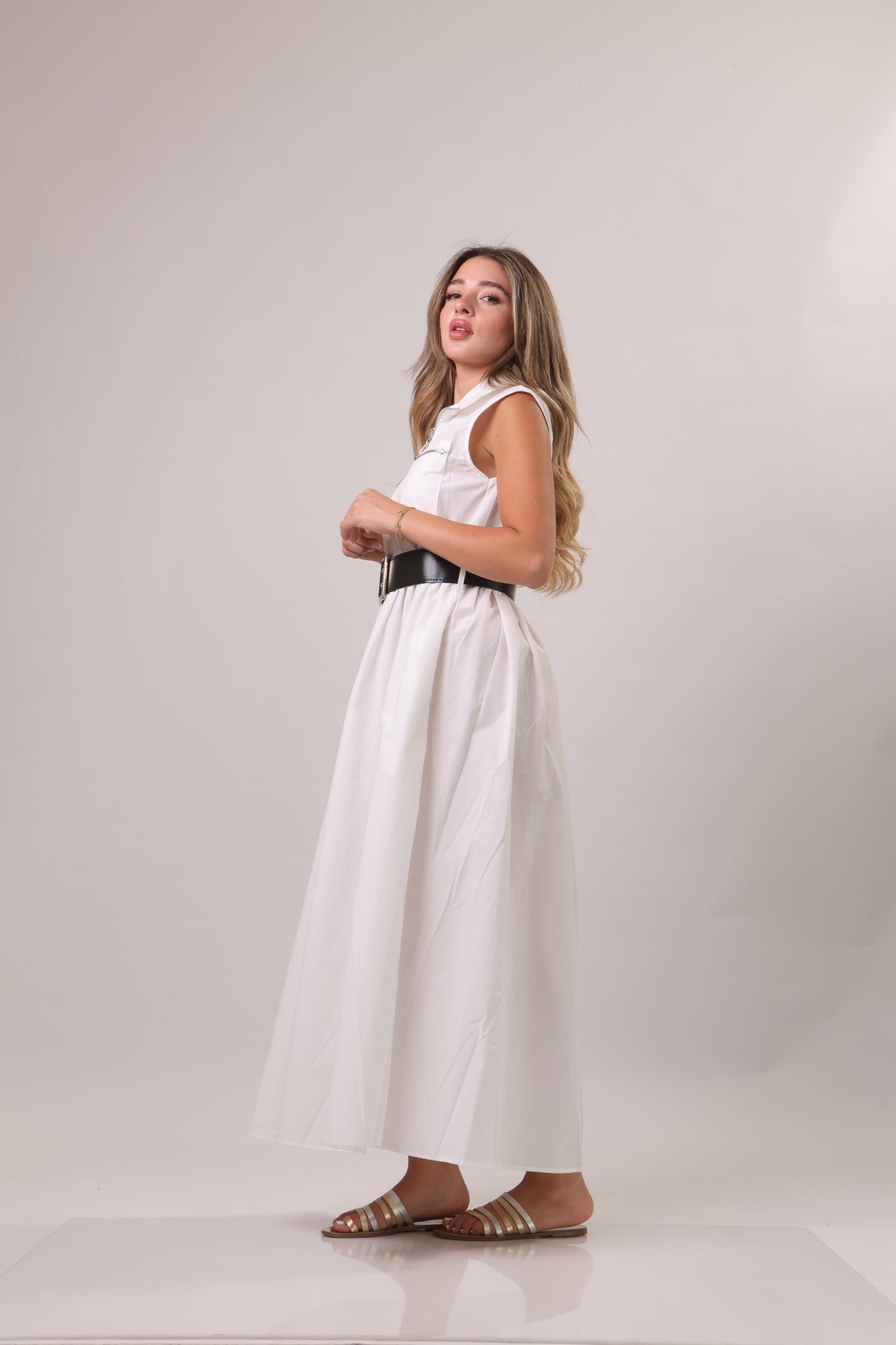 Poplin midi dress with belt