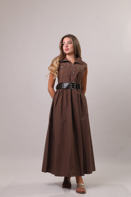Poplin midi dress with belt