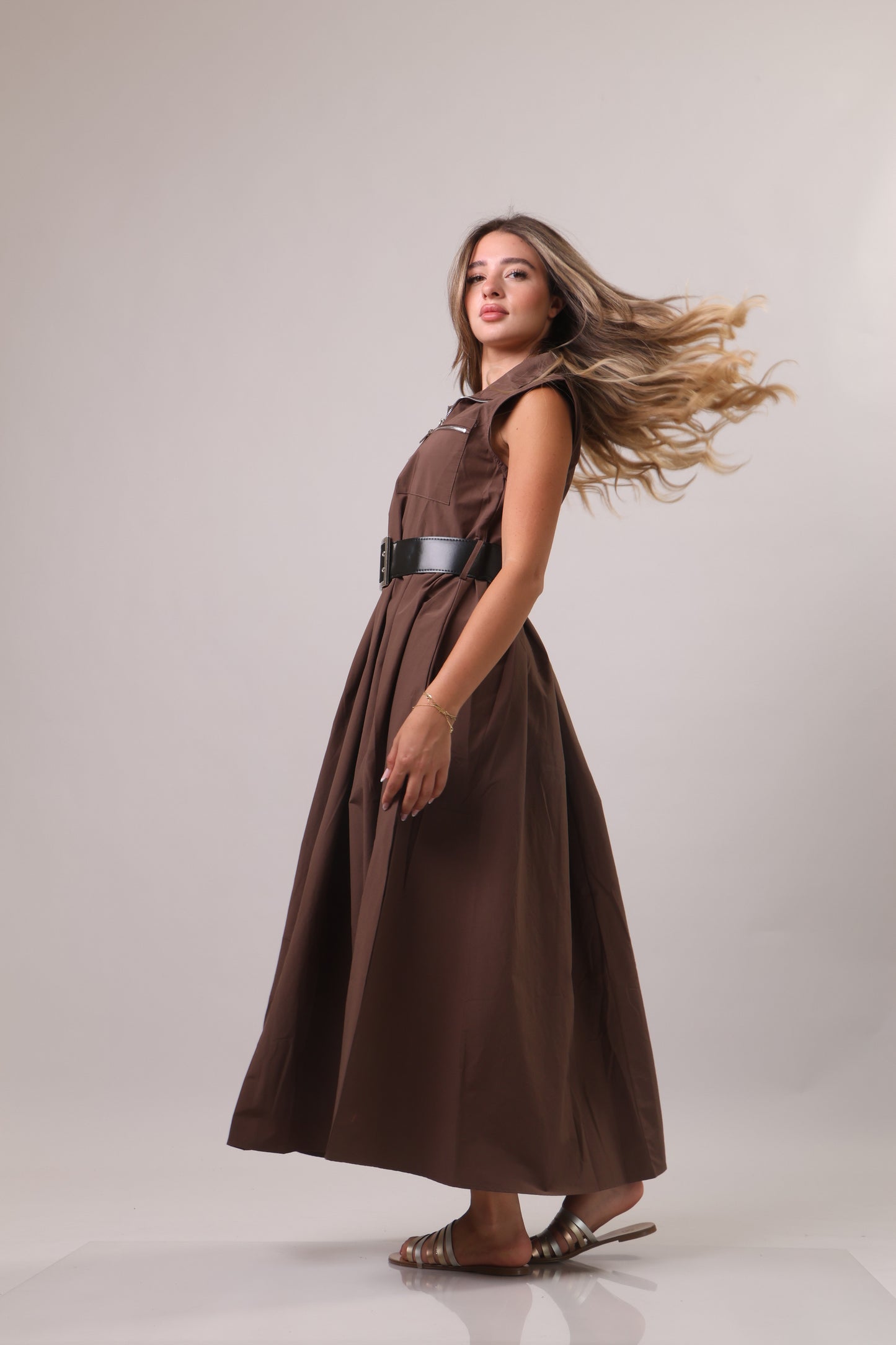 Poplin midi dress with belt