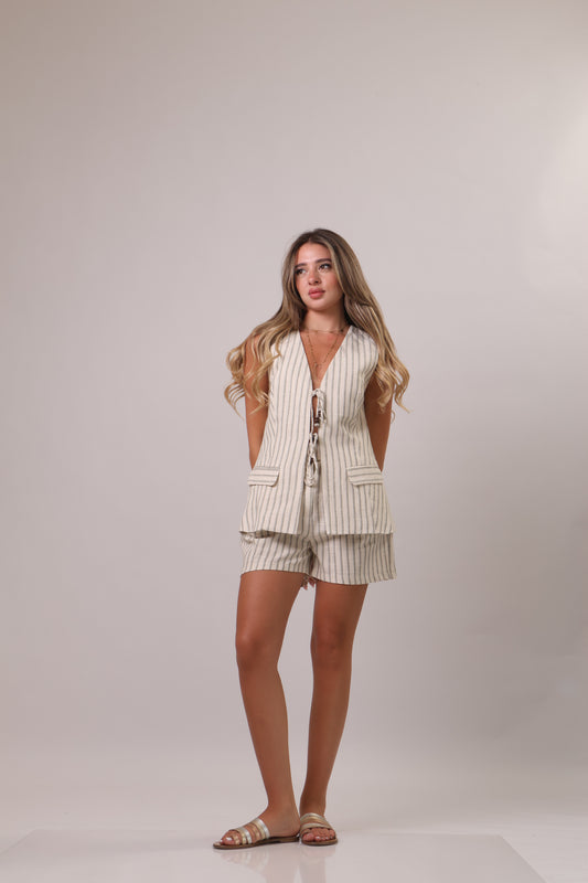 Linen short open vest set