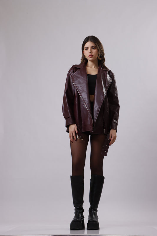 Oversized burgundy leather jacket