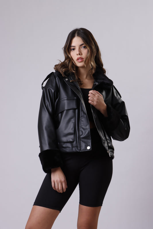 Leather fur collar jacket