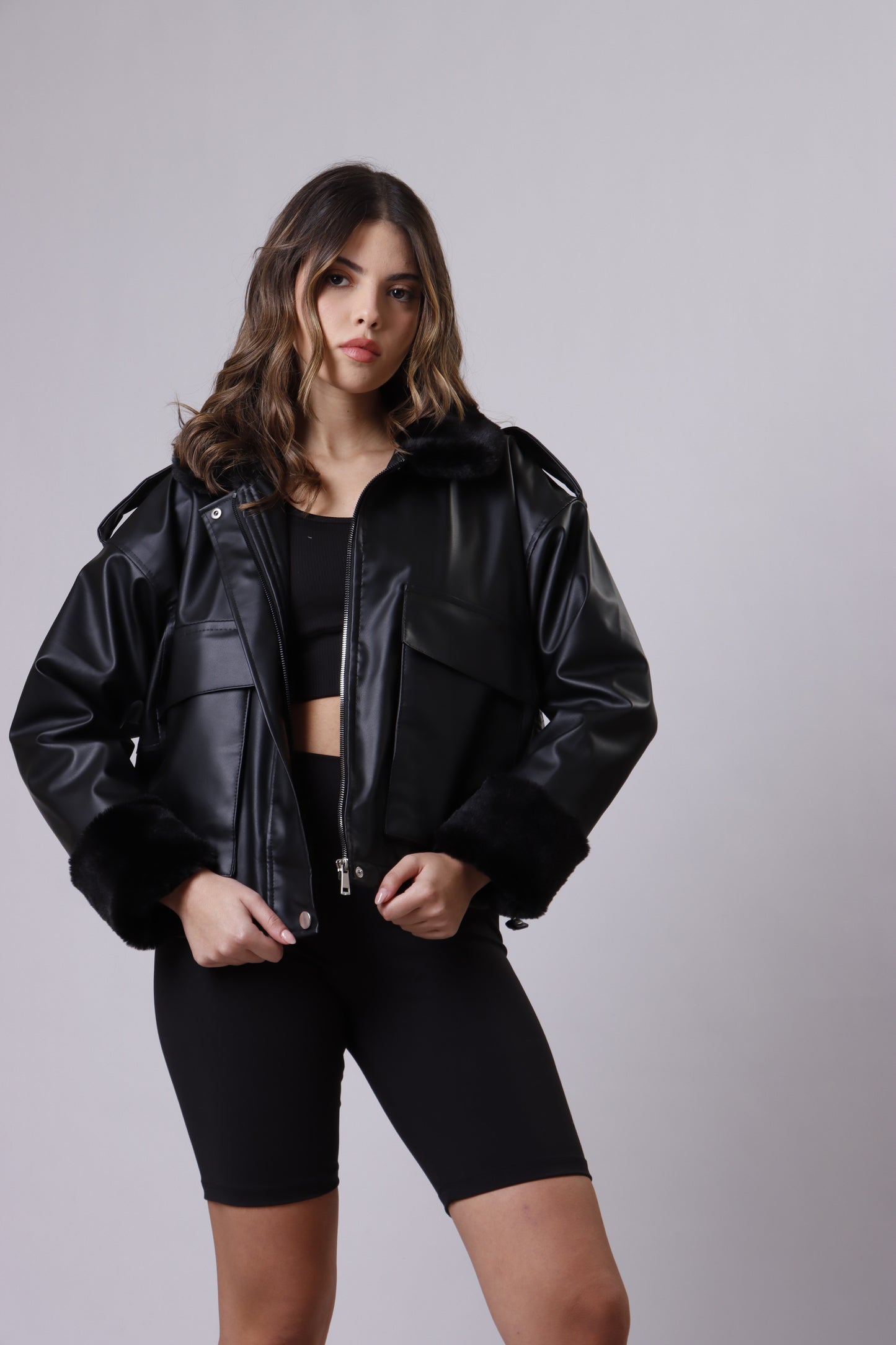 Leather fur collar jacket