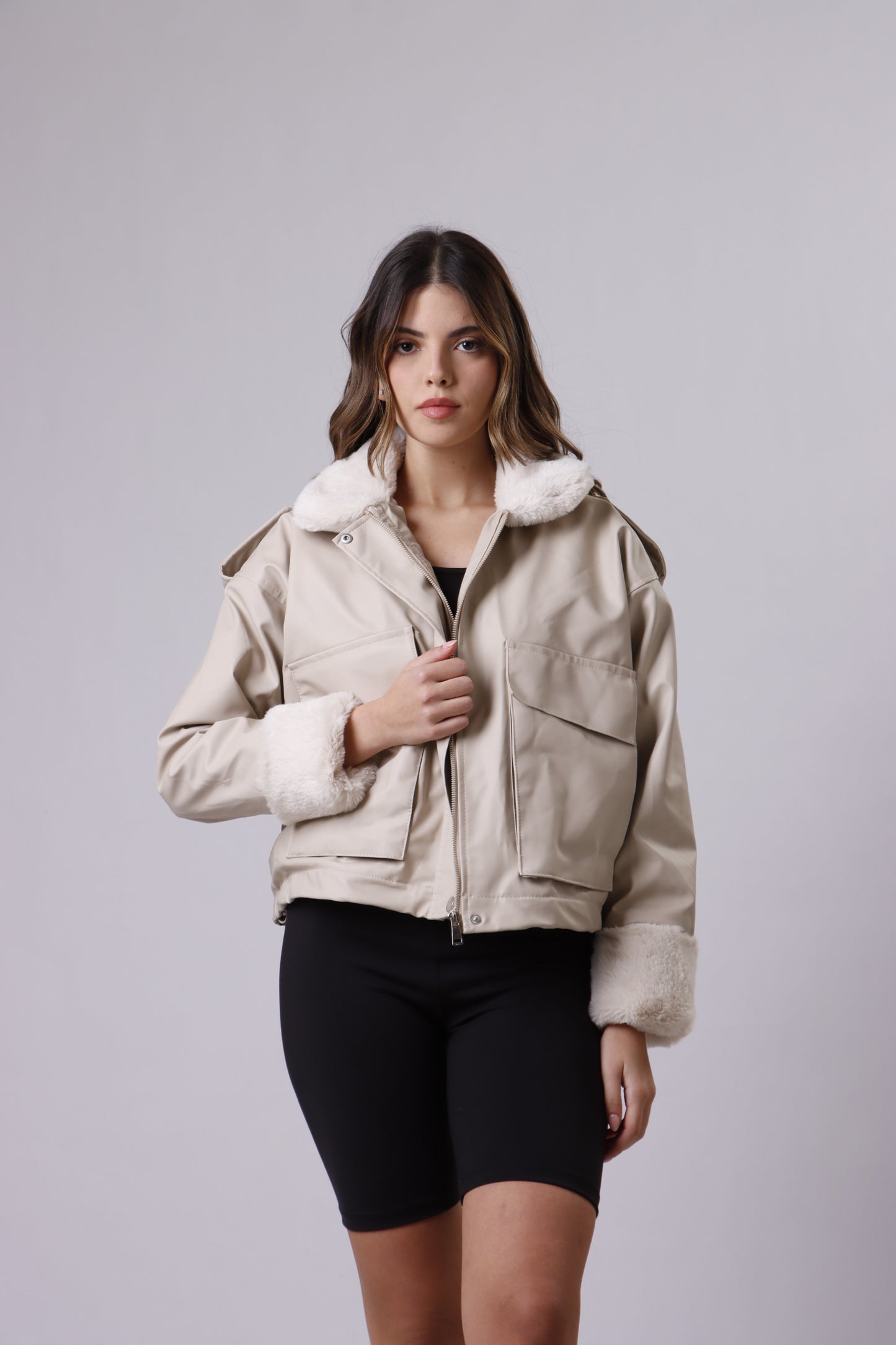 Leather fur collar jacket