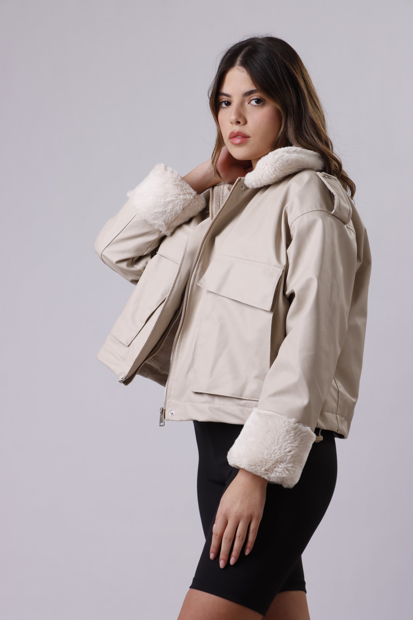 Leather fur collar jacket