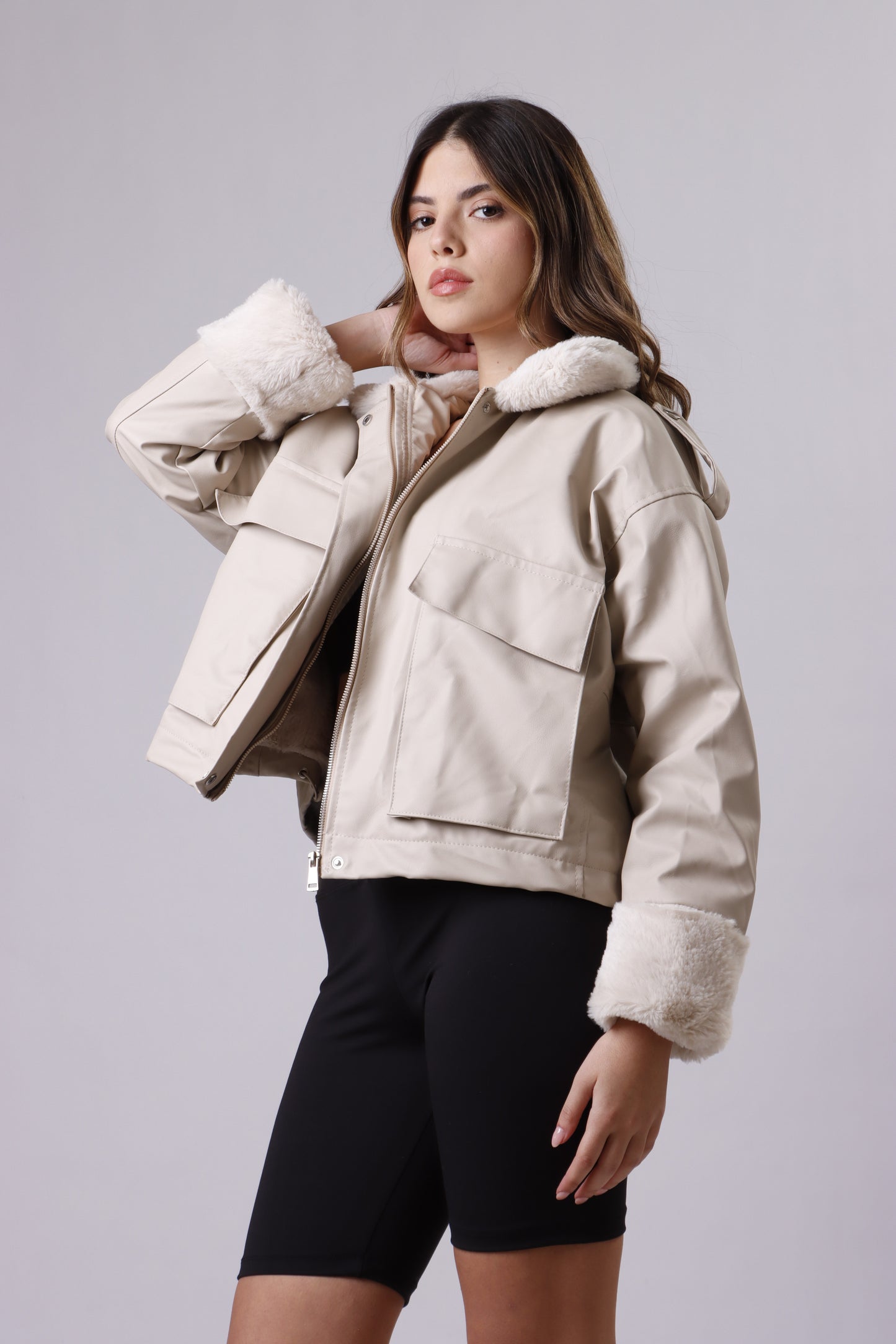 Leather fur collar jacket